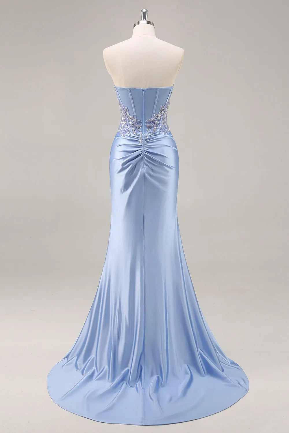 Sparkly Blue Corset Satin Mermaid Long Prom Dress with Slit