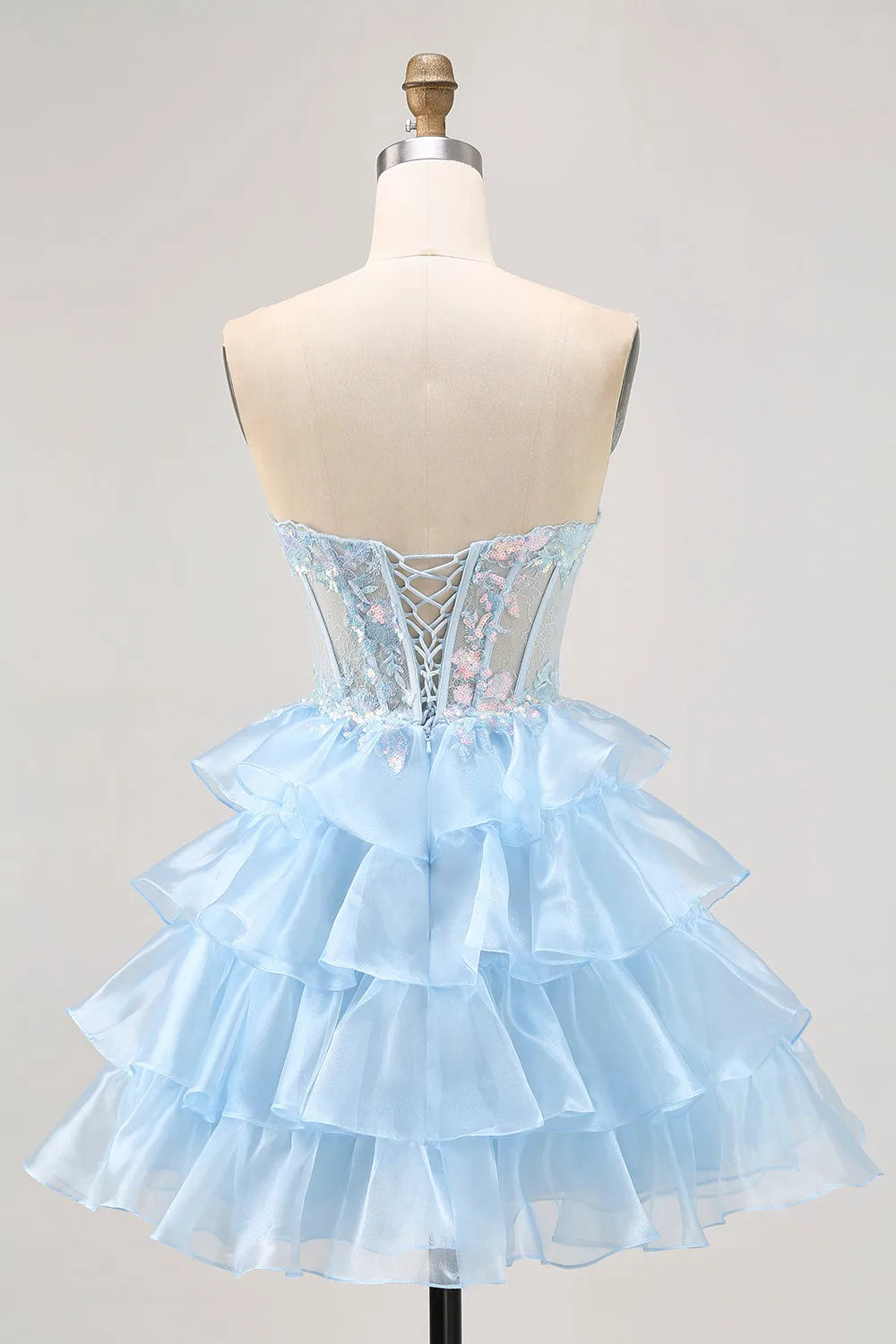 Sparkly Blue Sweetheart Ruffled Short Corset Homecoming Dress with Lace