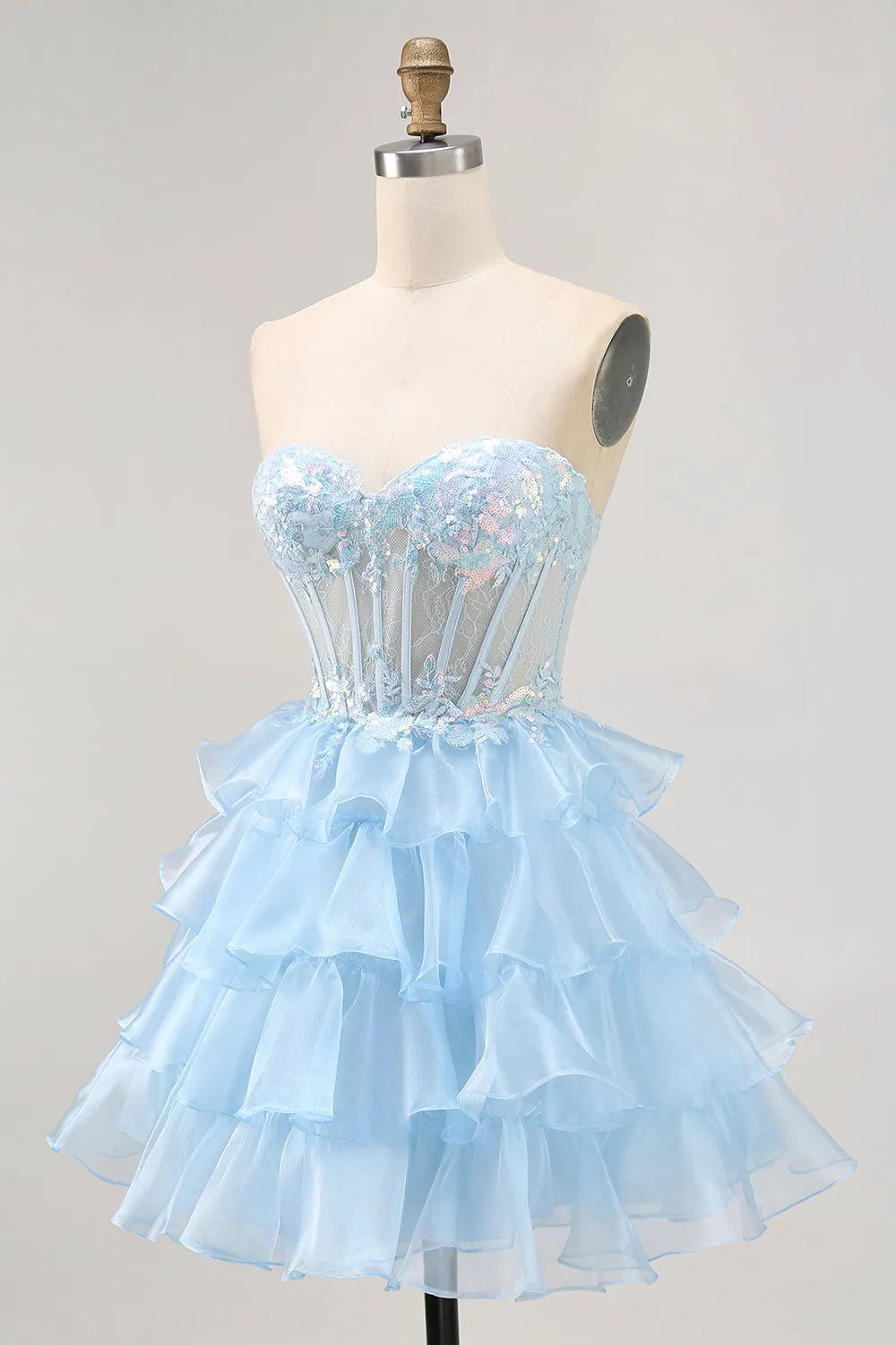 Sparkly Blue Sweetheart Ruffled Short Corset Homecoming Dress with Lace