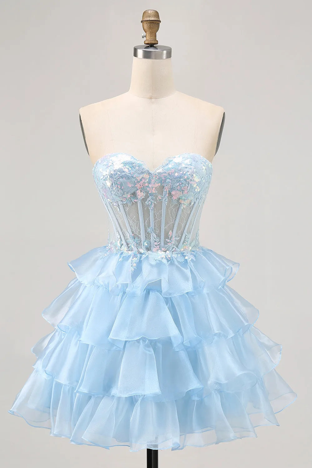Sparkly Blue Sweetheart Ruffled Short Corset Homecoming Dress with Lace
