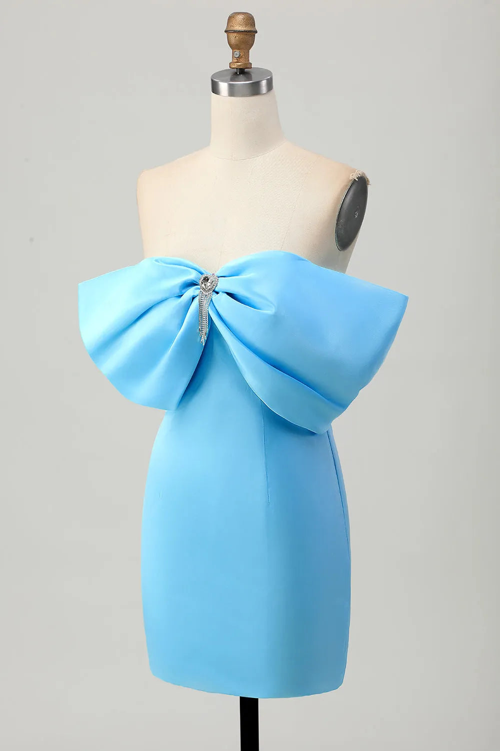 Sparkly Blue Tight Satin Strapless Short Homecoming Dress with Bow