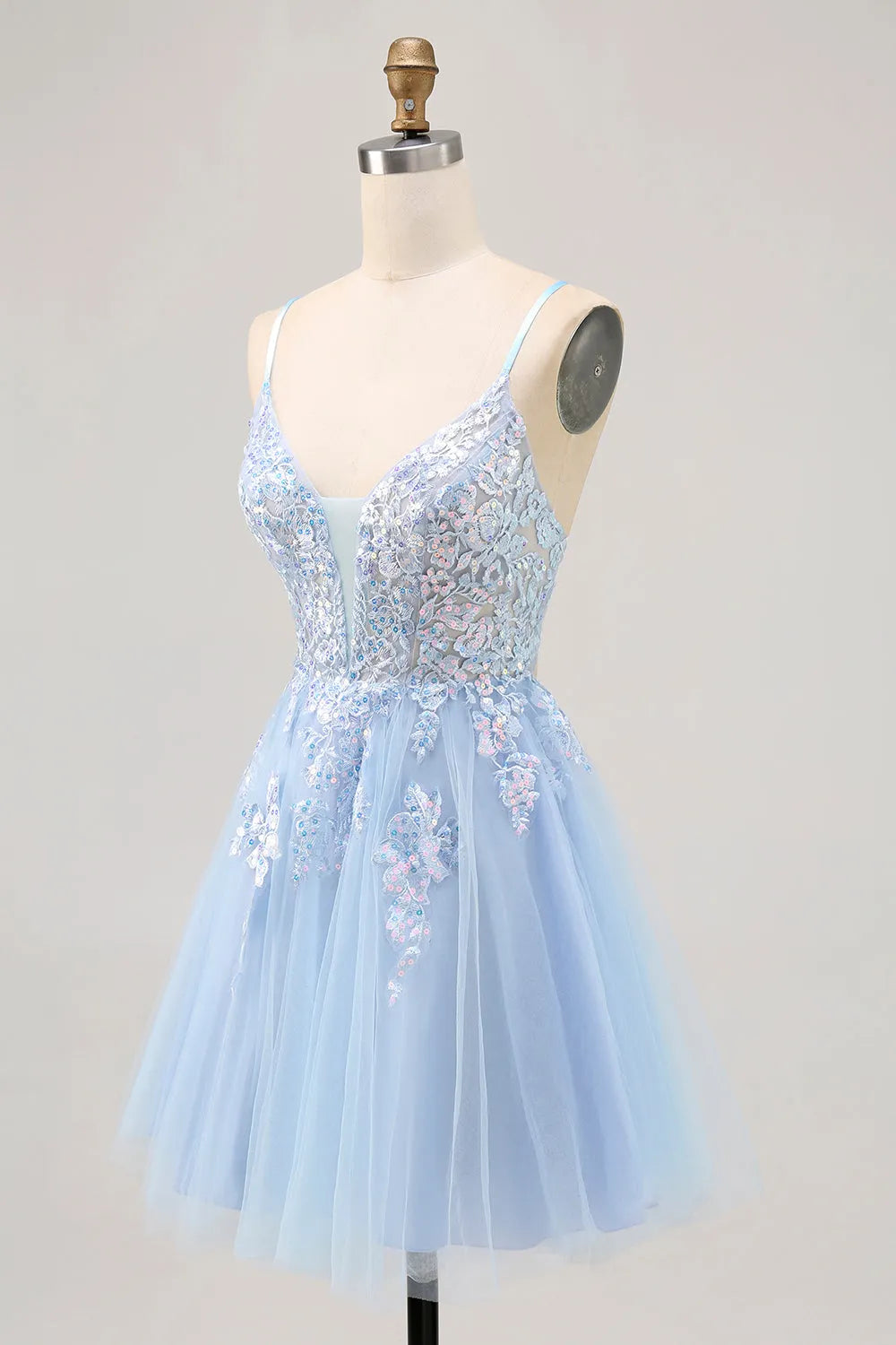 Sparkly Blue Tulle A Line Short Homecoming Dress with Appliques