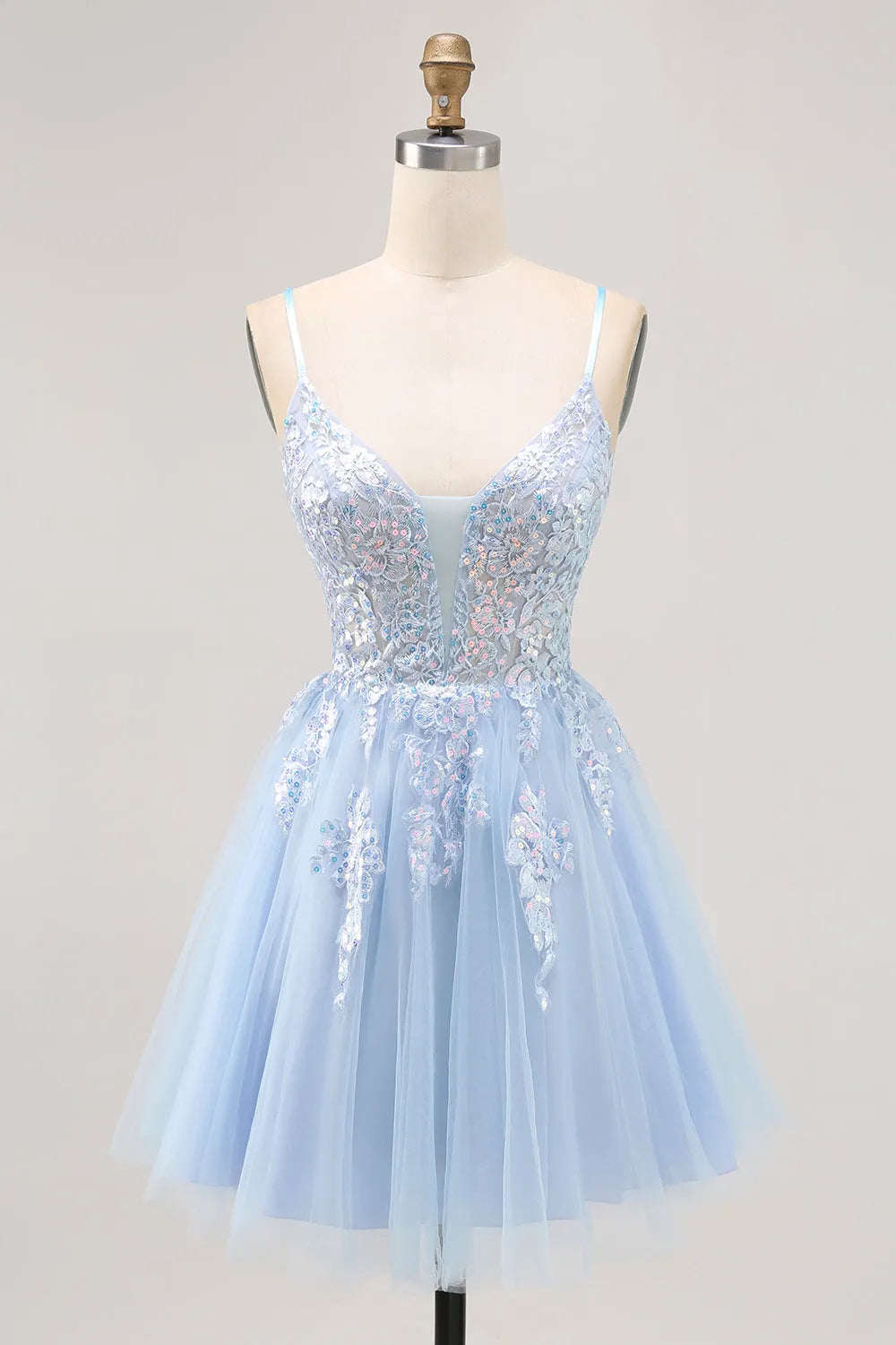 Sparkly Blue Tulle A Line Short Homecoming Dress with Appliques