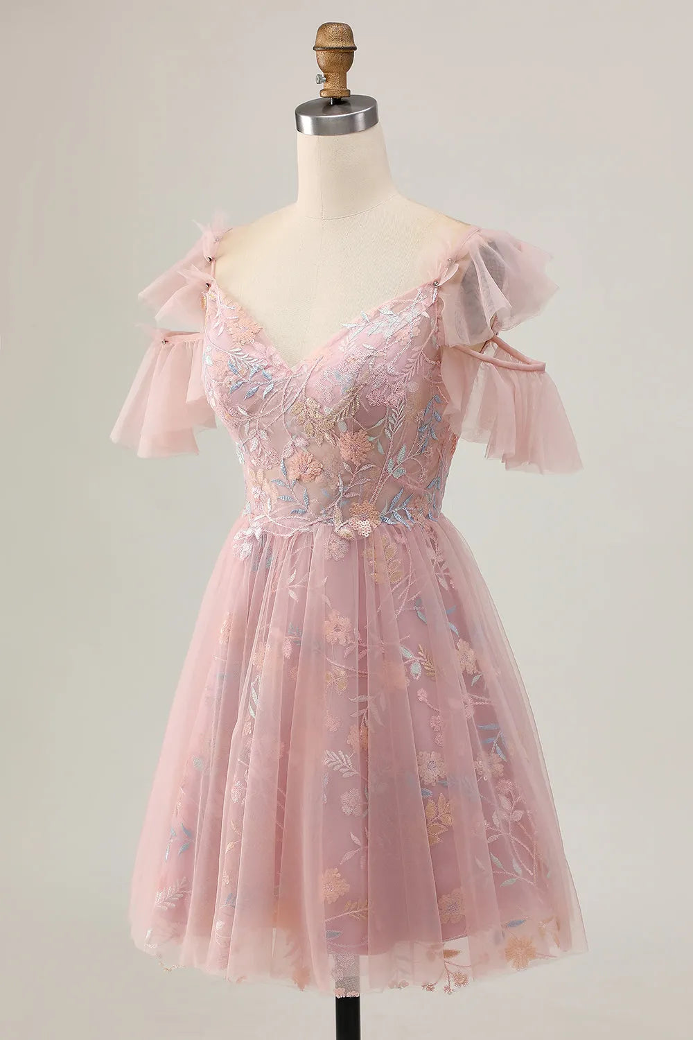 Sparkly Blush Floral Cold Shoulder Short Homecoming Dress with Ruffles