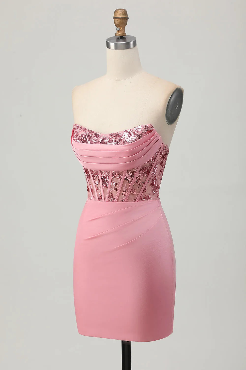 Sparkly Blush Tight Strapless Short Corset Homecoming Dress with Sequins