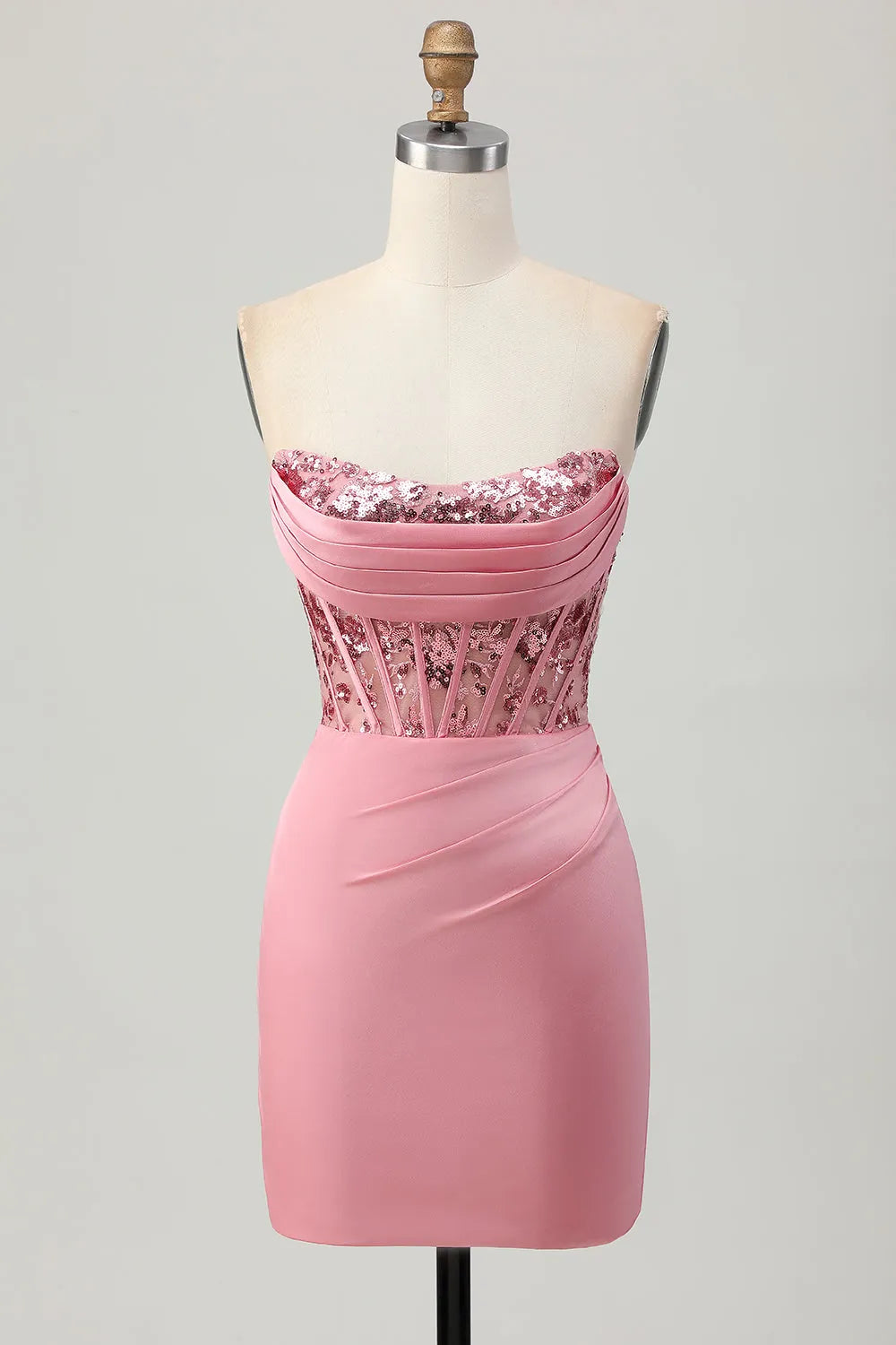 Sparkly Blush Tight Strapless Short Corset Homecoming Dress with Sequins