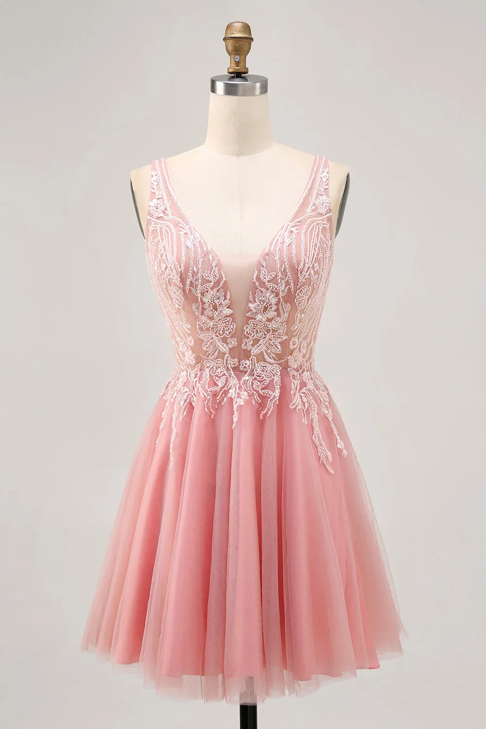 Sparkly Blush V-Neck Beaded Short Tulle Homecoming Dress
