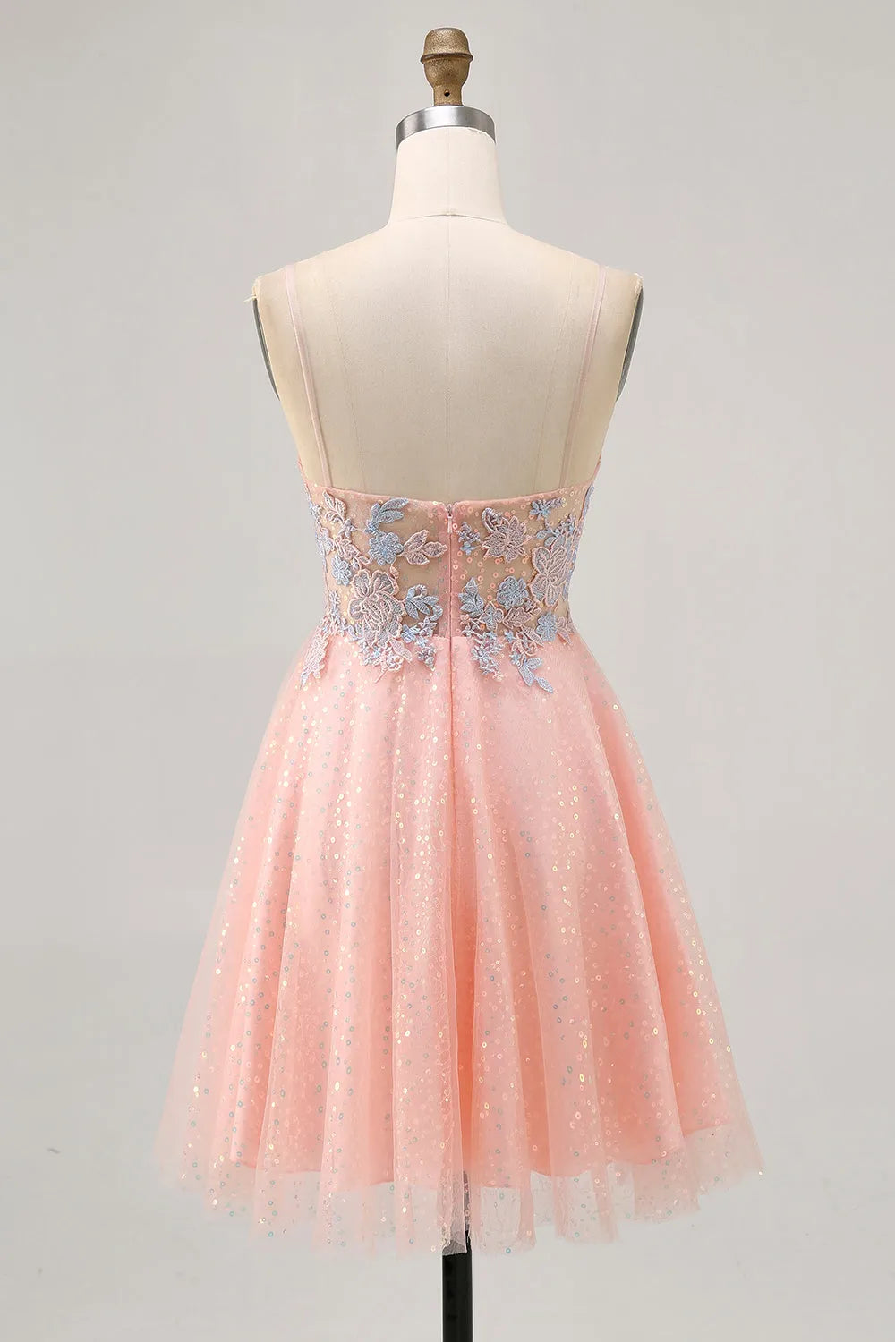 Sparkly Blush and Blue Appliqued Short Homecoming Dress with Sequins