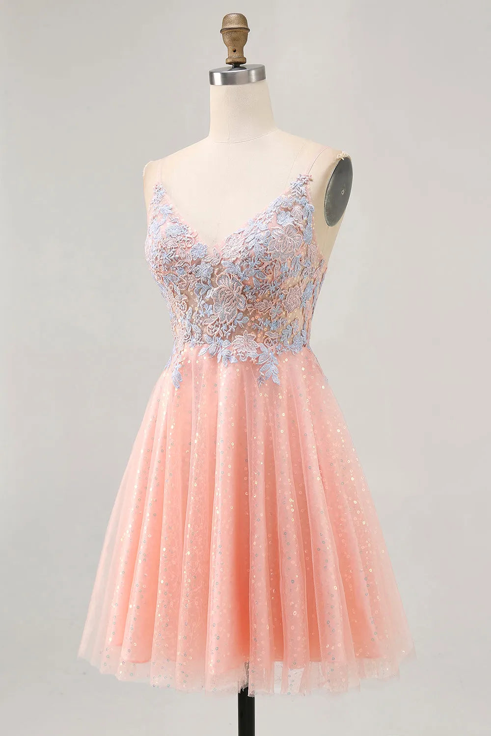 Sparkly Blush and Blue Appliqued Short Homecoming Dress with Sequins