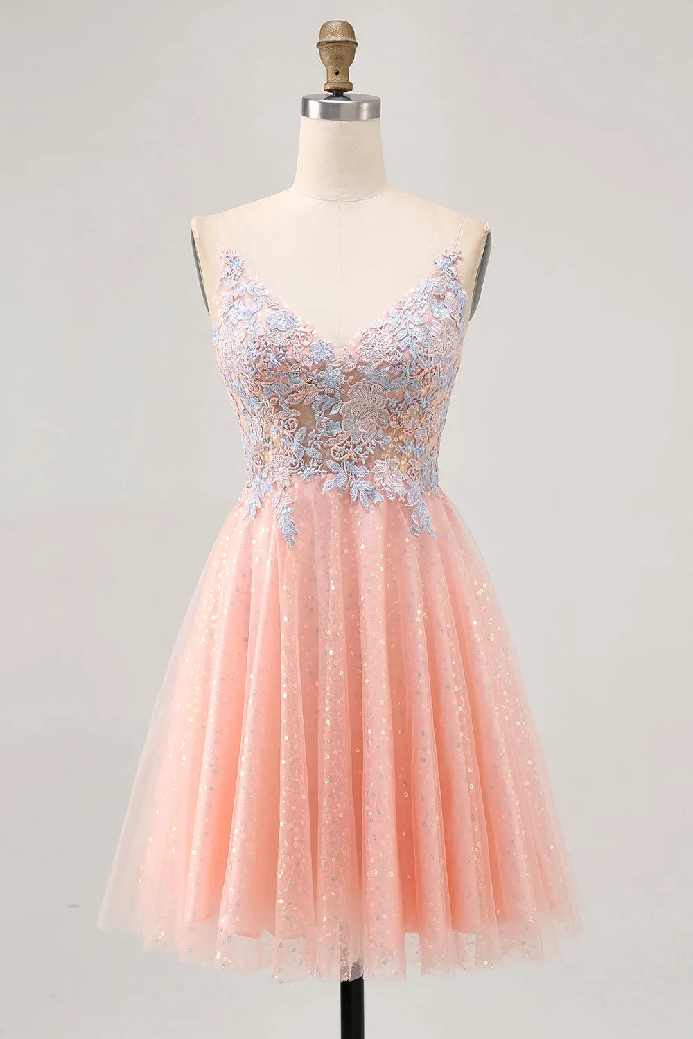 Sparkly Blush and Blue Appliqued Short Homecoming Dress with Sequins