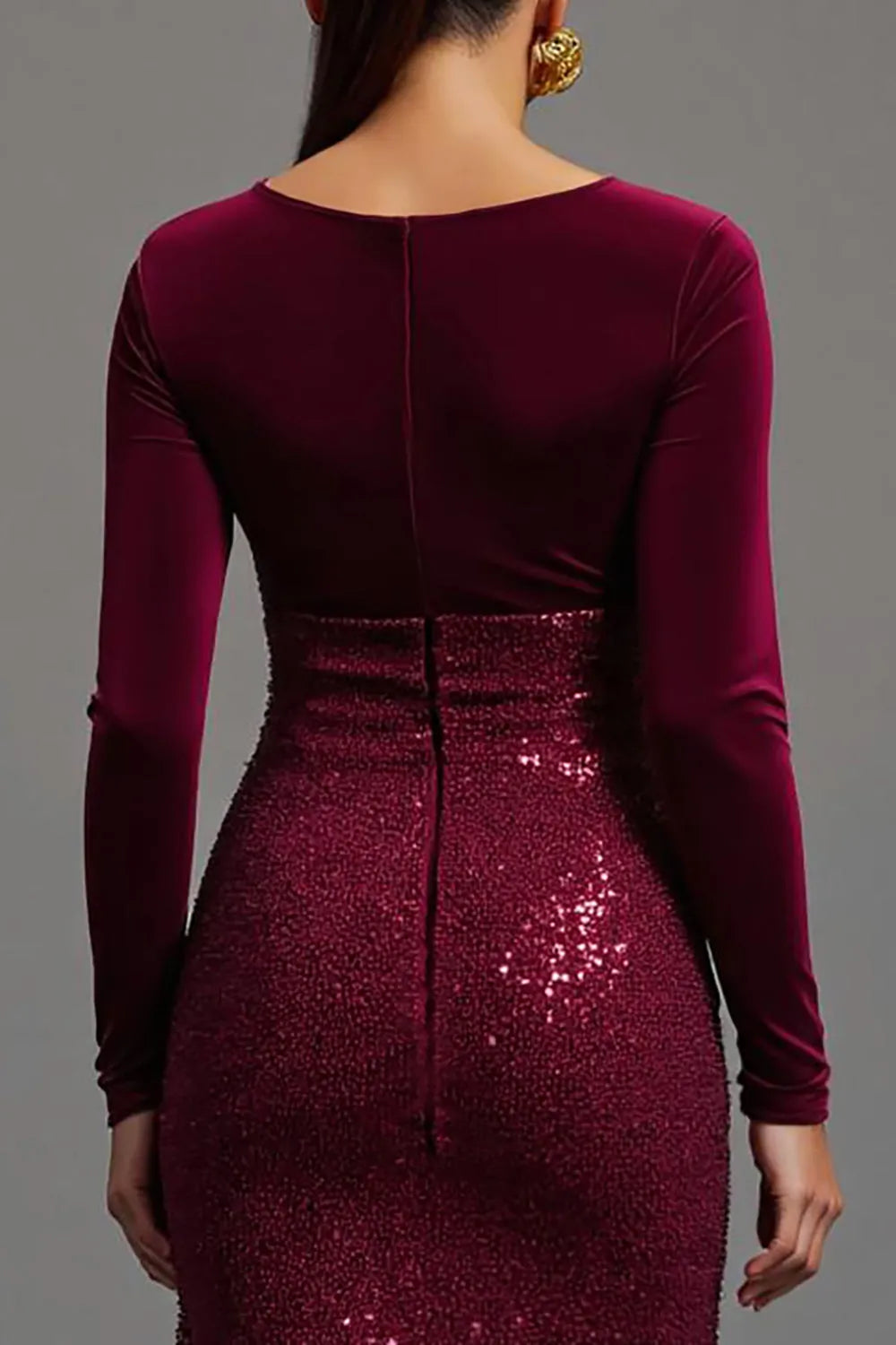 Sparkly Burgundy Sequins V-Neck Long Sleeves Formal Dress with Slit