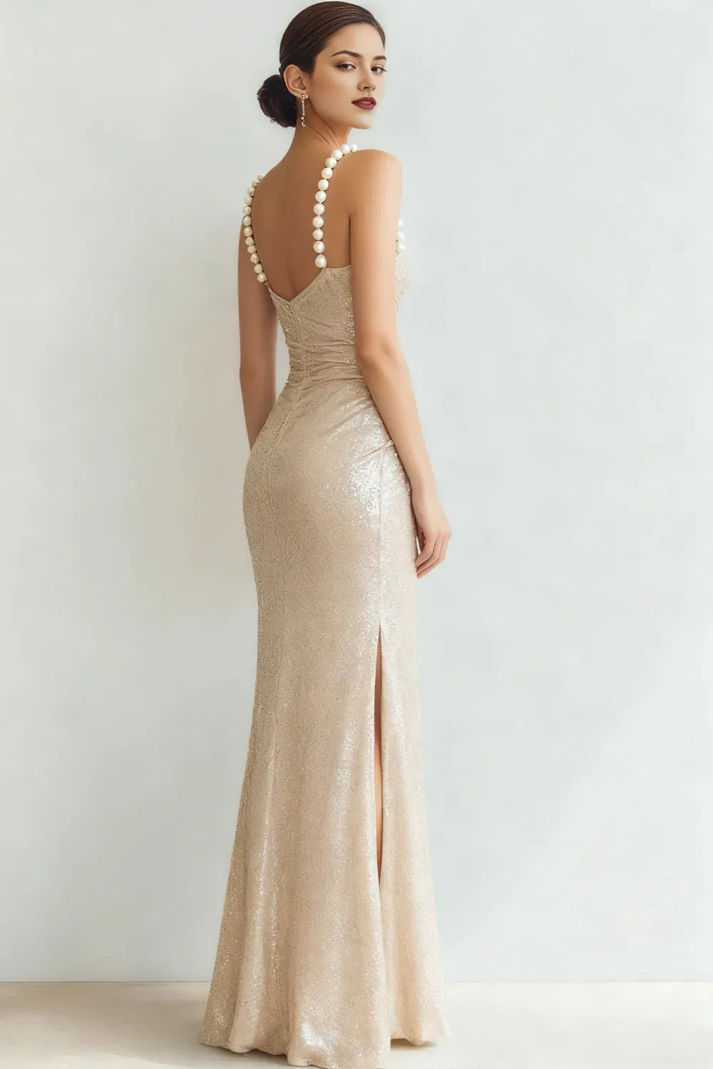 Sparkly Champagne Mermaid Sweetheart Pearl Strap Backless Floor-Length Sequin Ruched Slit Prom Dress