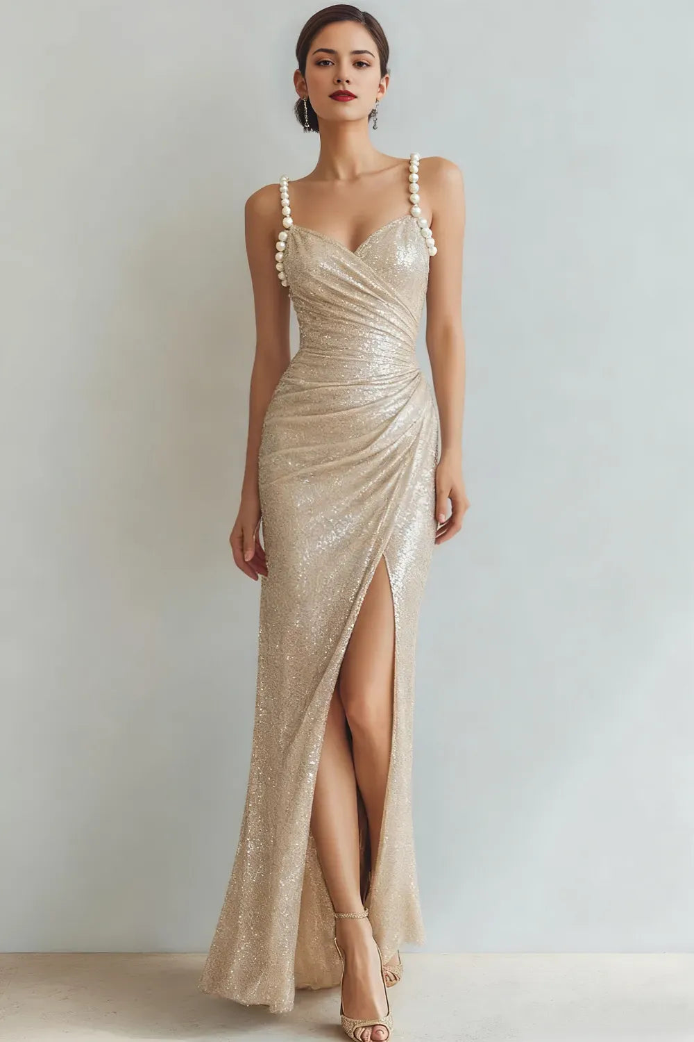 Sparkly Champagne Mermaid Sweetheart Pearl Strap Backless Floor-Length Sequin Ruched Slit Prom Dress