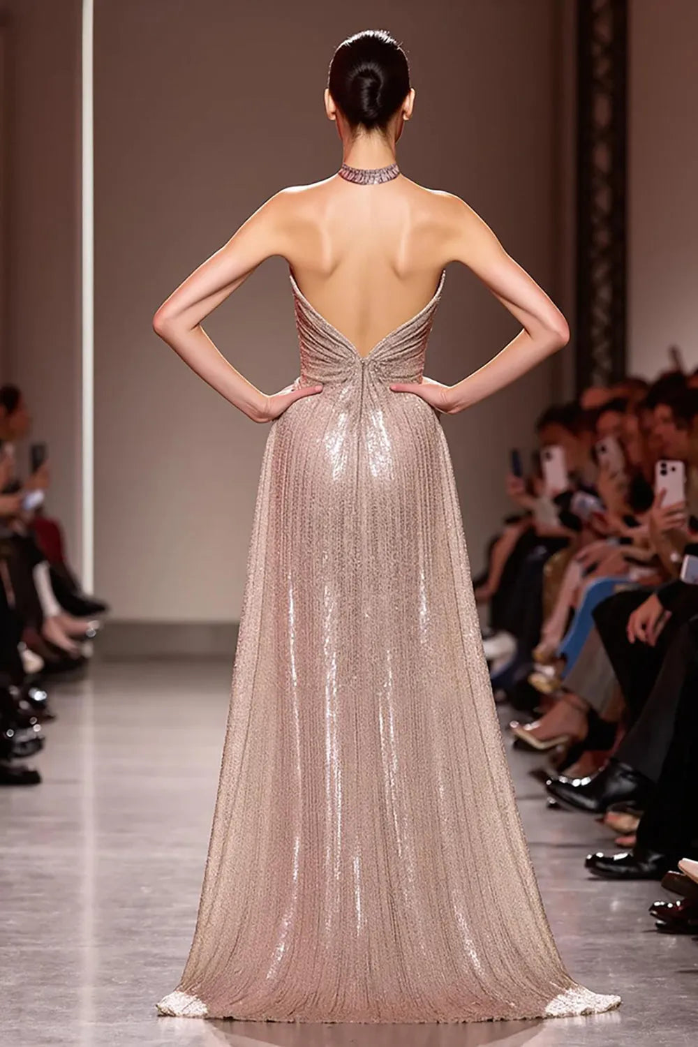 Sparkly Champagne Sequin Halter Backless Long Evening Dress