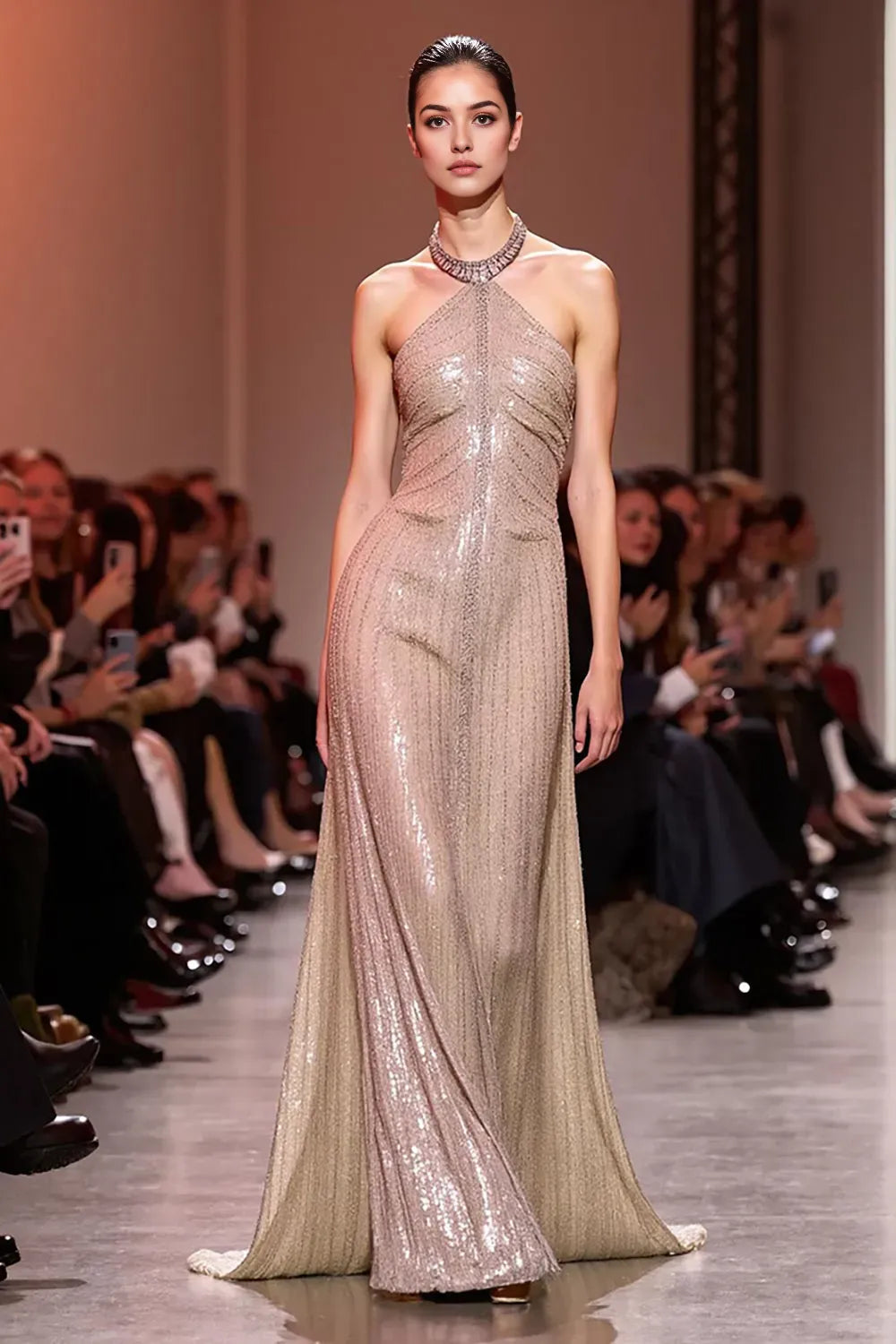 Sparkly Champagne Sequin Halter Backless Long Evening Dress