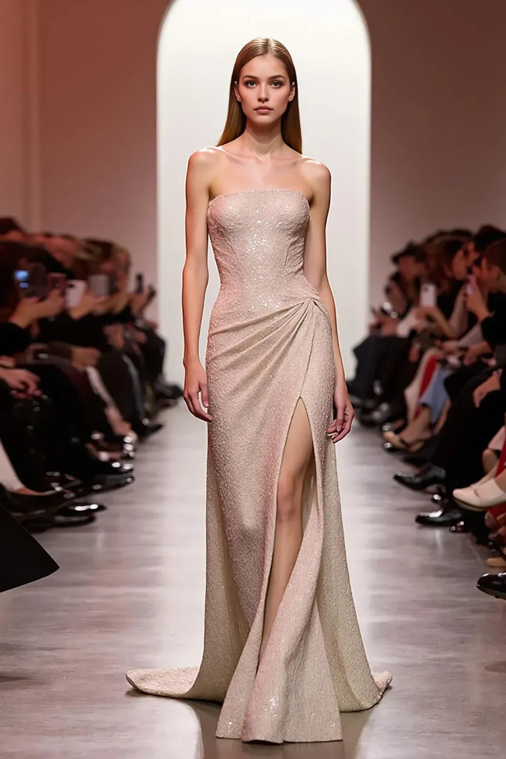 Sparkly Champagne Strapless Sequin Long Evening Dress with Slit ?