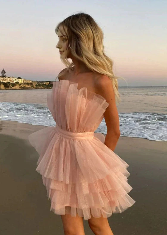 Sparkly Cute Strapless Pink Tulle Short Homecoming Dress