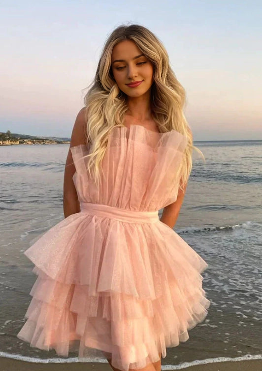 Sparkly Cute Strapless Pink Tulle Short Homecoming Dress