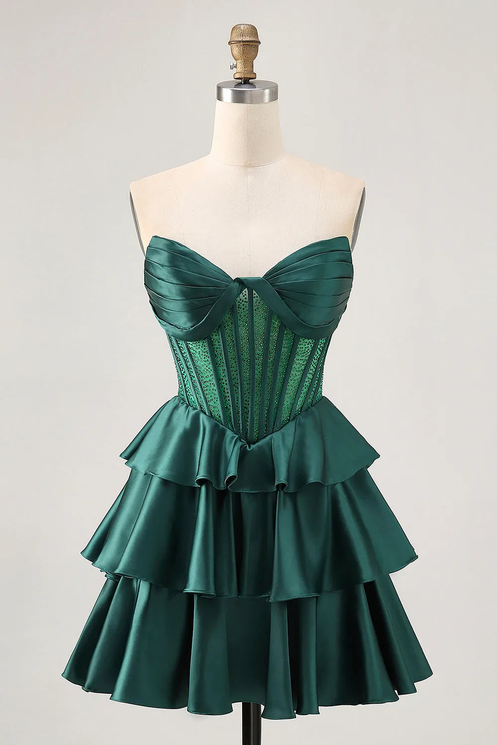 Sparkly Dark Green Strapless Short Corset Homecoming Dress with Beading