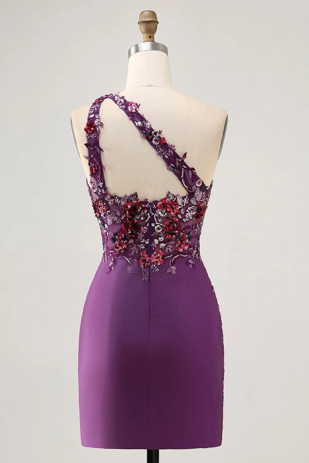 Sparkly Dark Purple Floral Tight One Shoulder Short Homecoming Dress