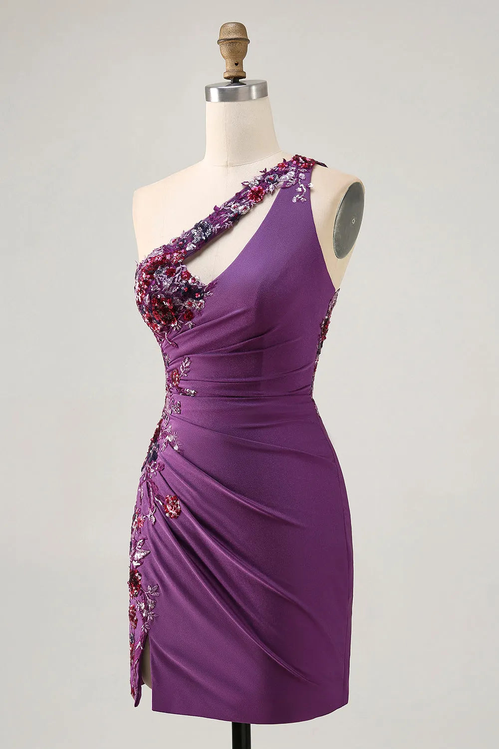 Sparkly Dark Purple Floral Tight One Shoulder Short Homecoming Dress