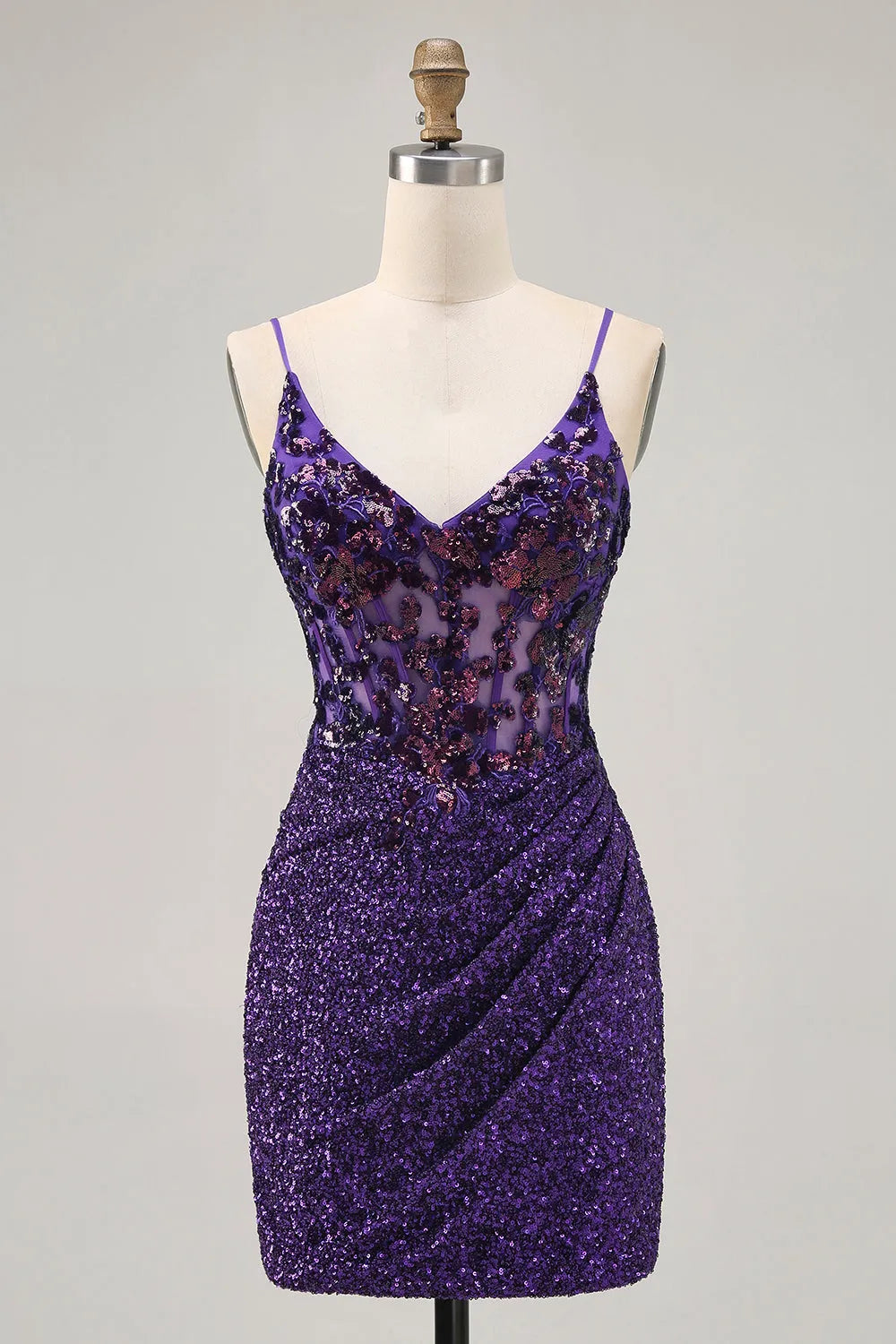 Sparkly Dark Purple Tight Sequin Short Corset Homecoming Dress