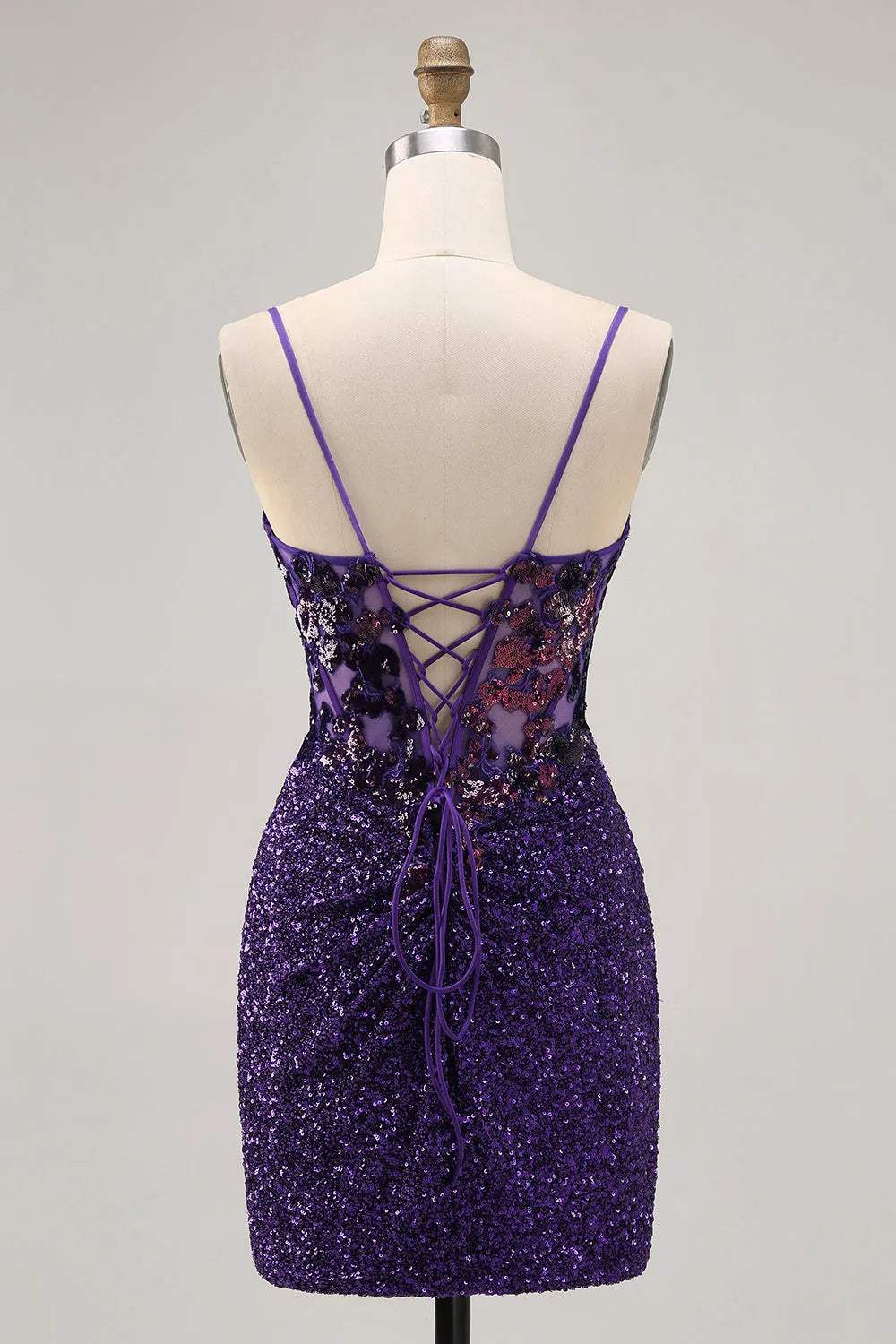 Sparkly Dark Purple Tight Sequin Short Corset Homecoming Dress