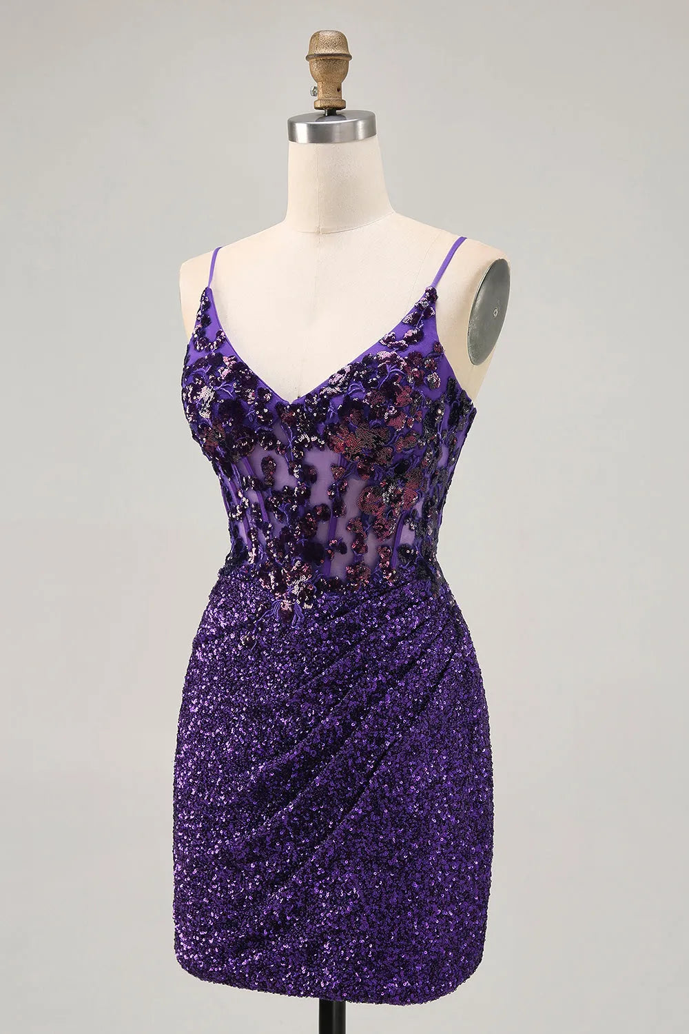 Sparkly Dark Purple Tight Sequin Short Corset Homecoming Dress