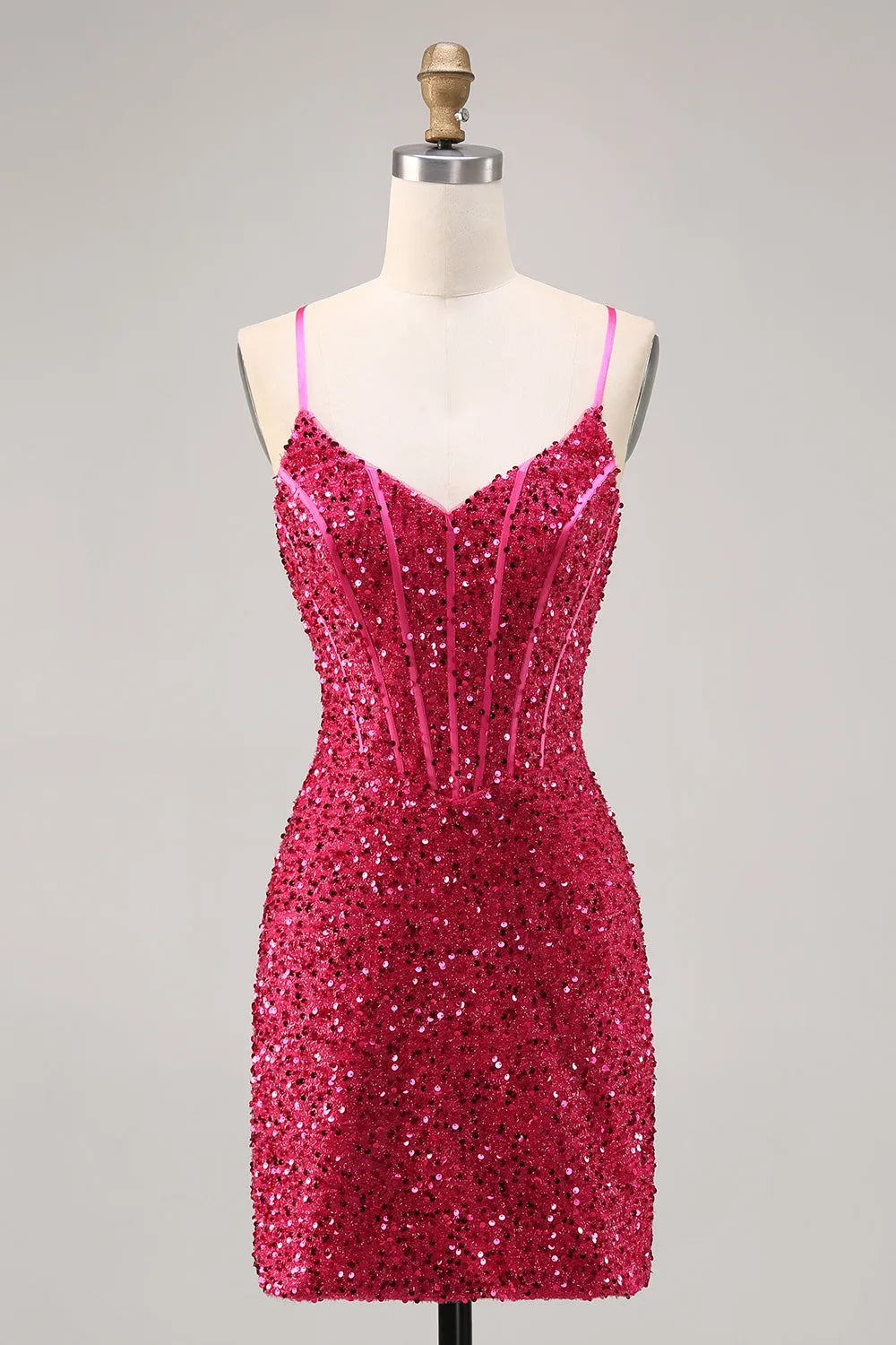 Sparkly Fuchsia Corset Tight Short Sequins Homecoming Dress