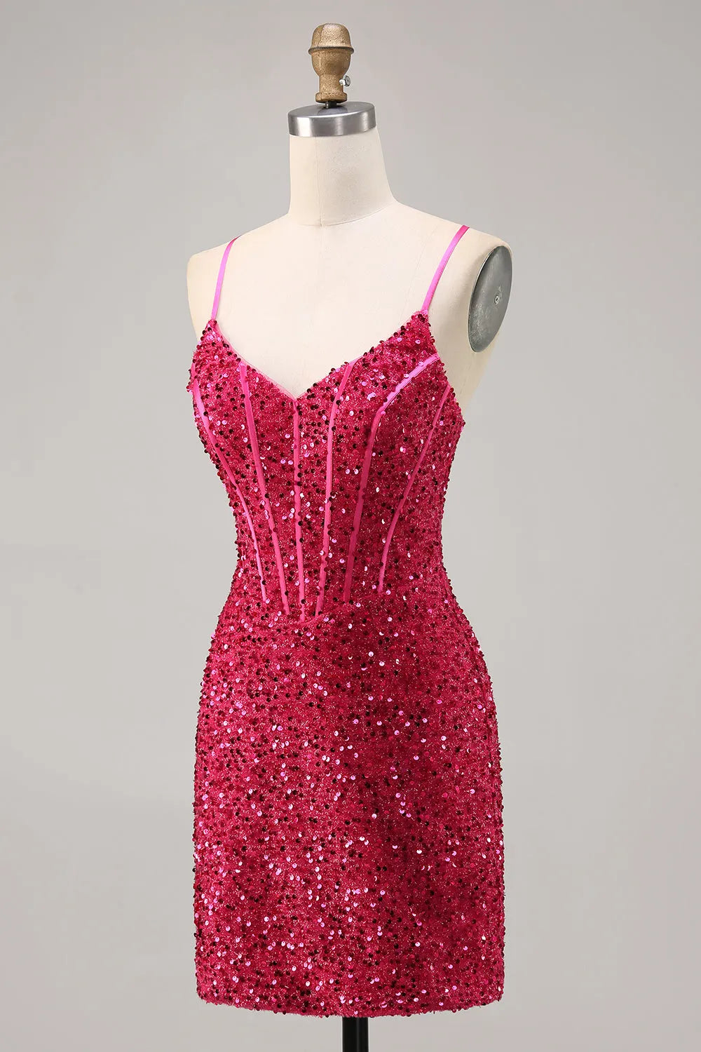 Sparkly Fuchsia Corset Tight Short Sequins Homecoming Dress