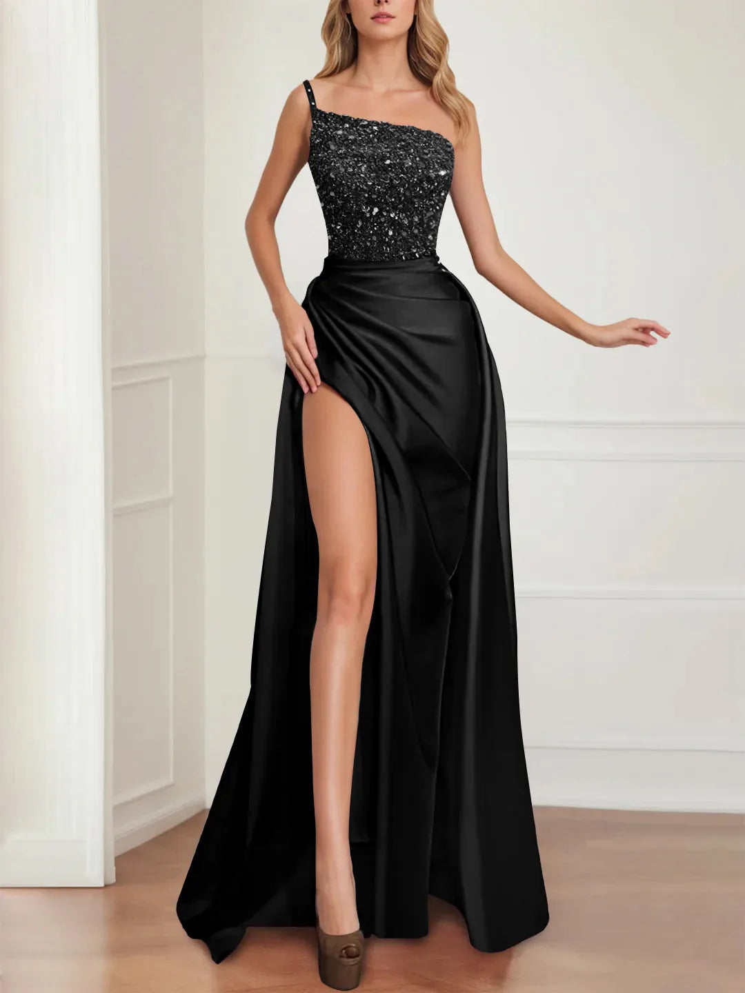 Sparkly Fuchsia Floor Length Evening Gown Prom Dresses with Split ﻿