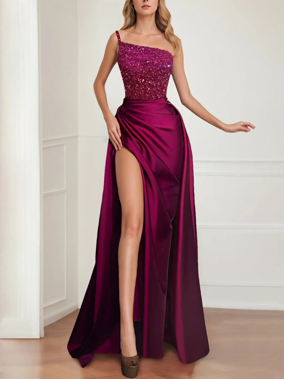 Sparkly Fuchsia Floor Length Evening Gown Prom Dresses with Split ﻿