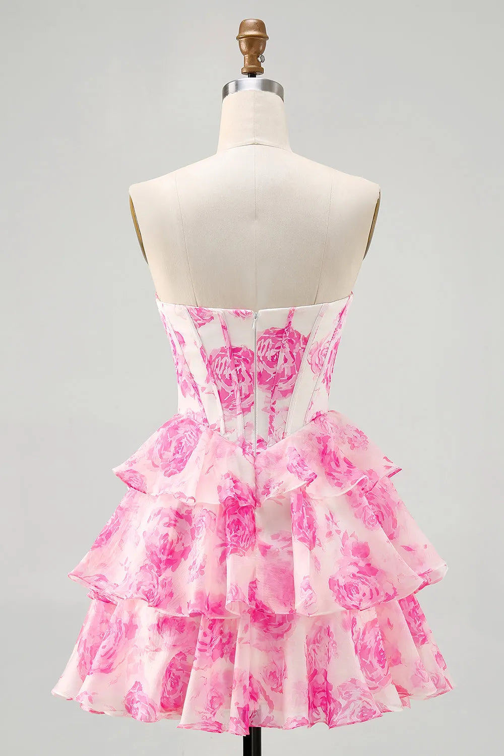 Sparkly Fuchsia Floral Short Corset Homecoming Dress with Rhinestones