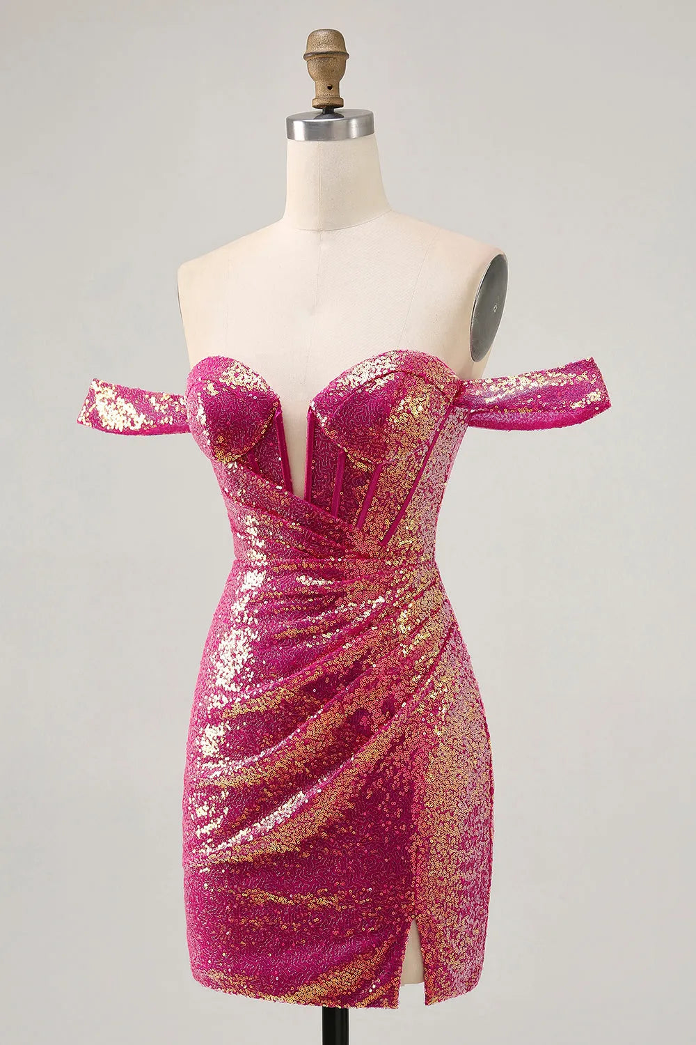 Sparkly Fuchsia Sequin Tight Ruched Short Corset Homecoming Dress ﻿