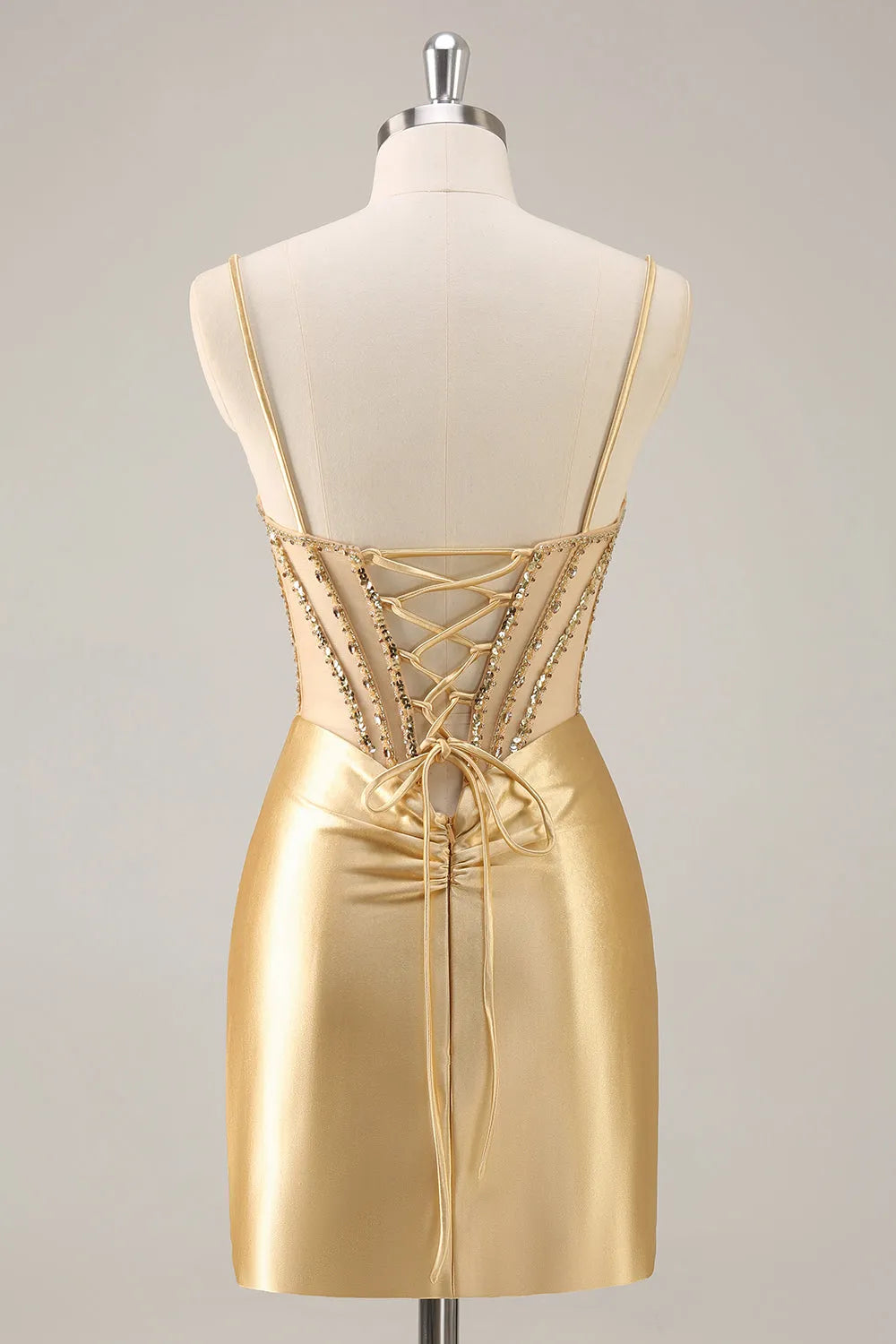 Sparkly Golden Corset Satin Tight Short Homecoming Dress with Rhinestones ﻿