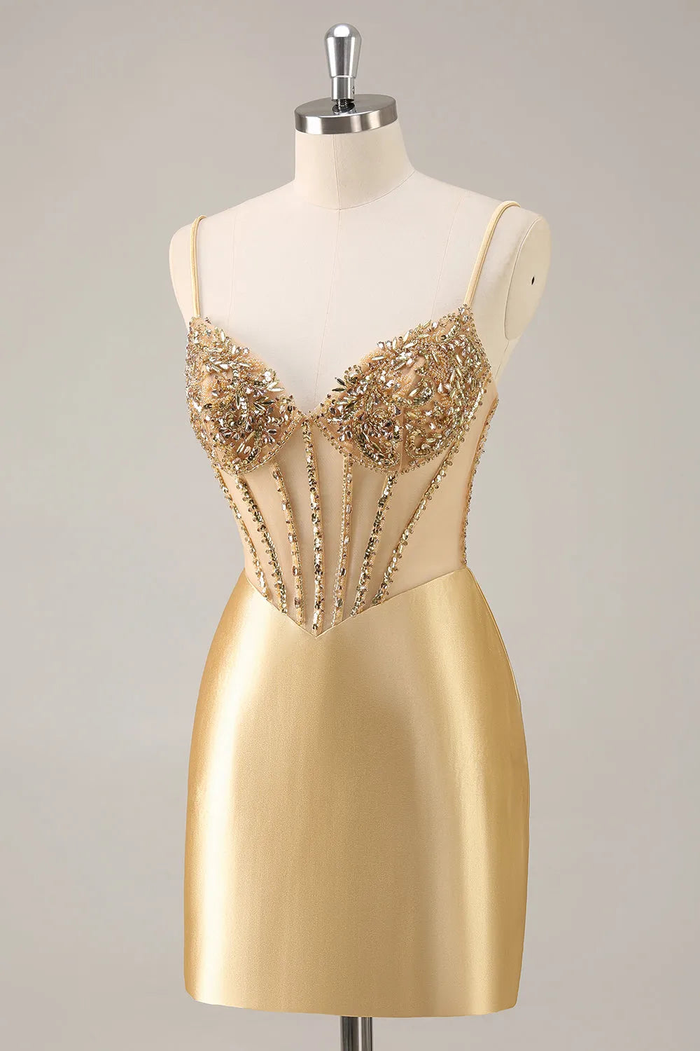 Sparkly Golden Corset Satin Tight Short Homecoming Dress with Rhinestones ﻿