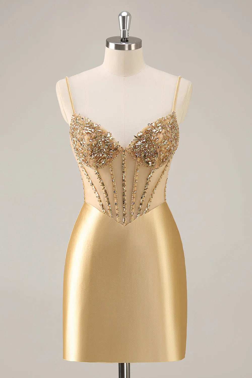 Sparkly Golden Corset Satin Tight Short Homecoming Dress with Rhinestones ﻿