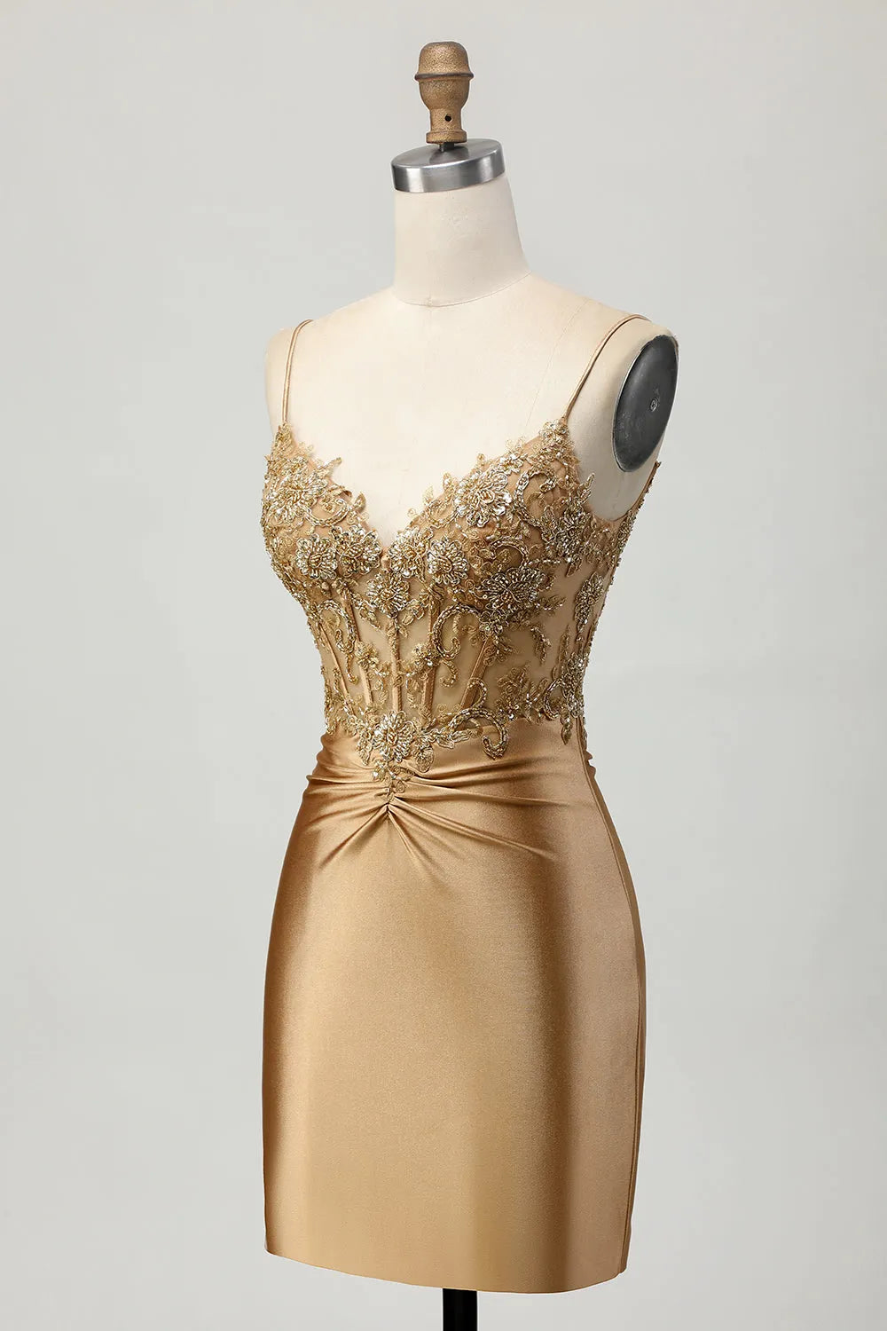 Sparkly Golden Tight Short Corset Homecoming Dress with Lace