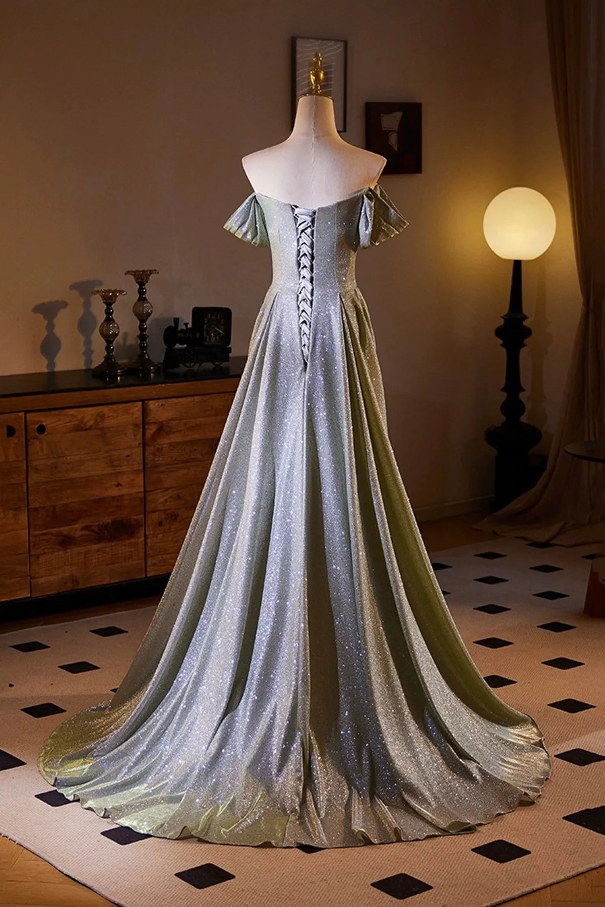Sparkly Gray Sequins Split Front Prom Dress Off the Shoulder Sweep Train Formal Dress
