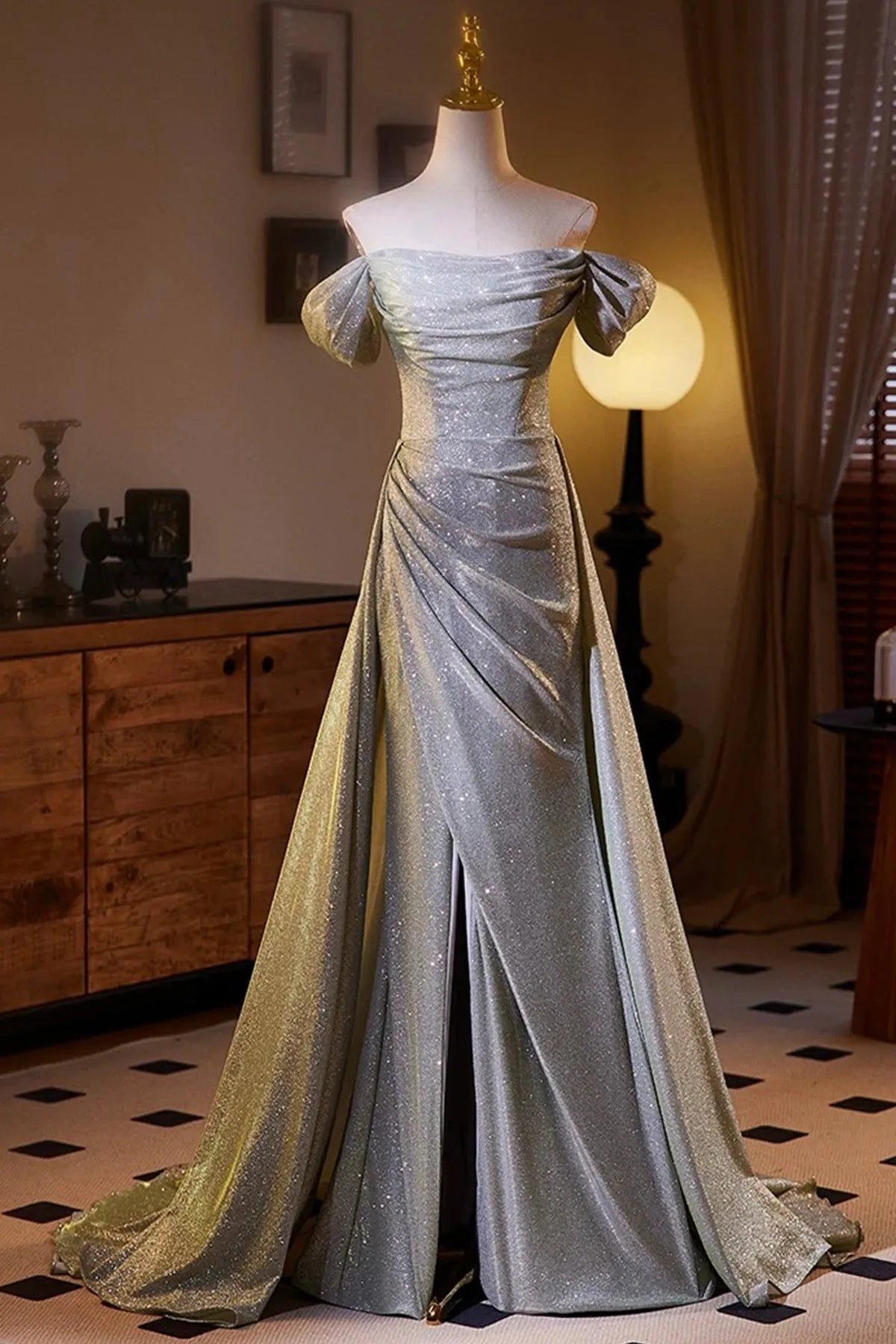 Sparkly Gray Sequins Split Front Prom Dress Off the Shoulder Sweep Train Formal Dress