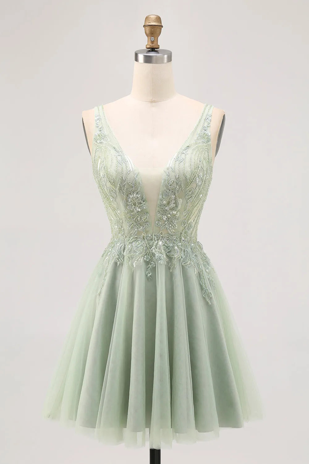 Sparkly Green Tulle V-Neck Beaded Short Homecoming Dress