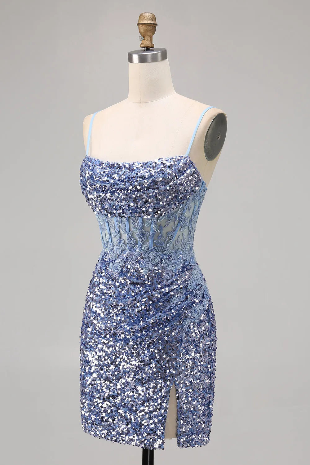 Sparkly Grey Blue Corset Sequins Tight Short Homecoming Dress with Slit
