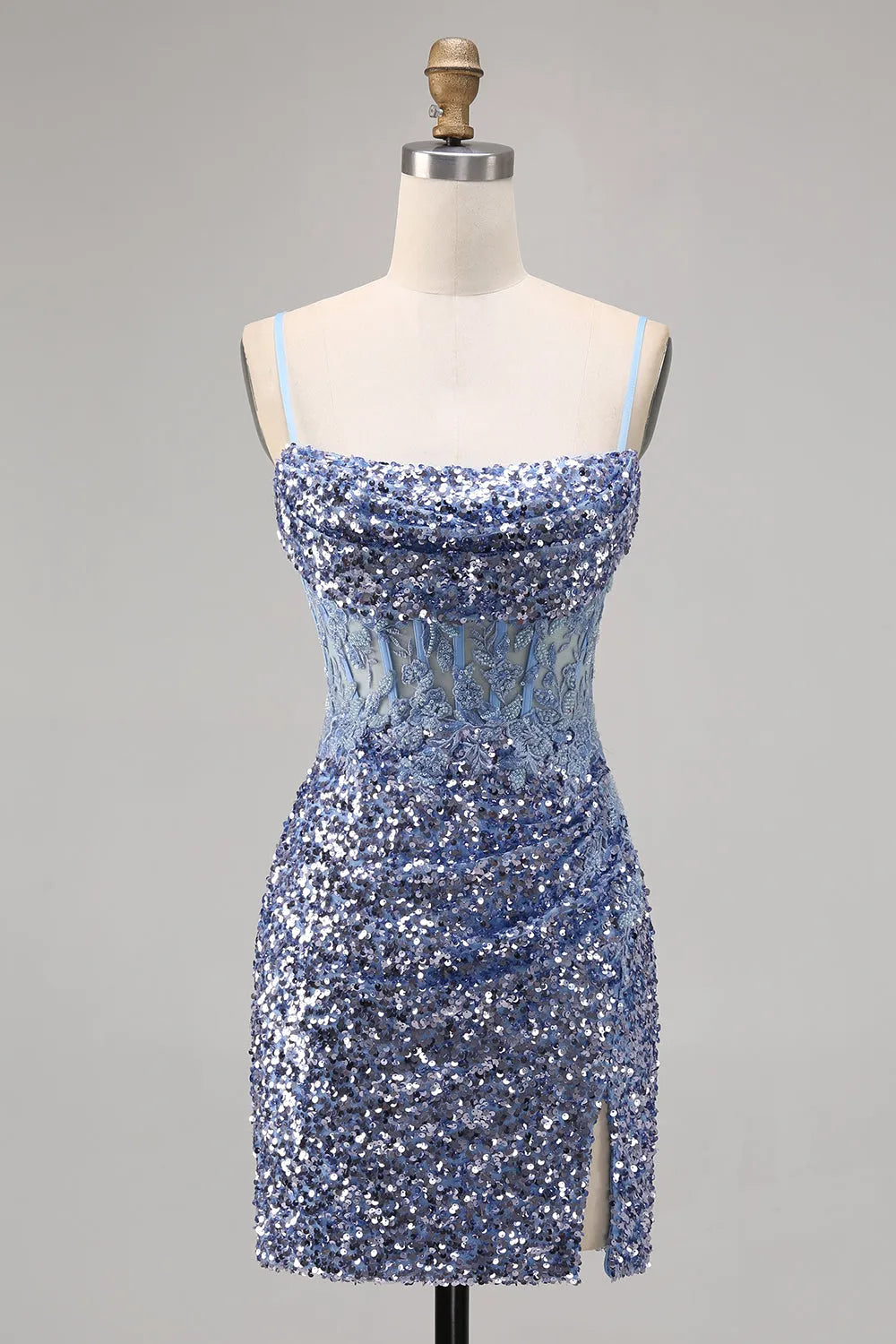 Sparkly Grey Blue Corset Sequins Tight Short Homecoming Dress with Slit