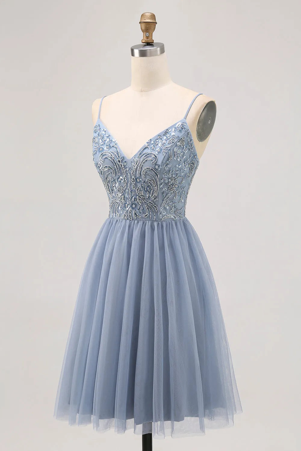 Sparkly Grey Blue Tulle A Line Short Homecoming Dress with Beading