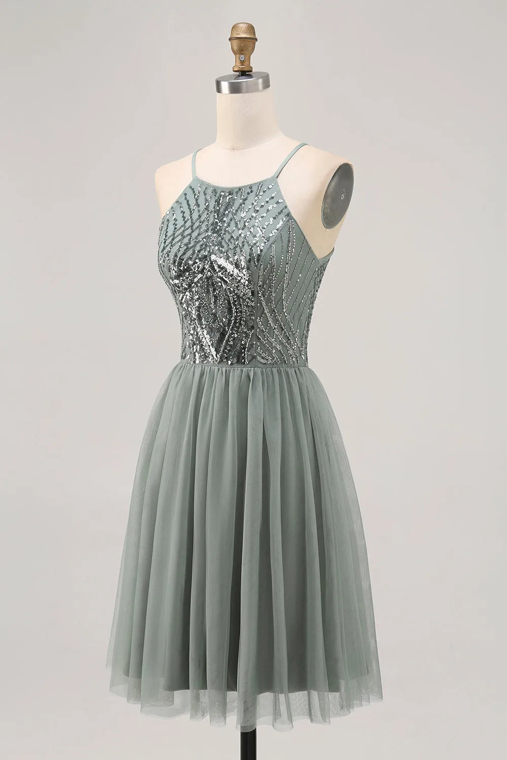 Sparkly Grey Green Tulle Halter Short Homecoming Dress with Beading