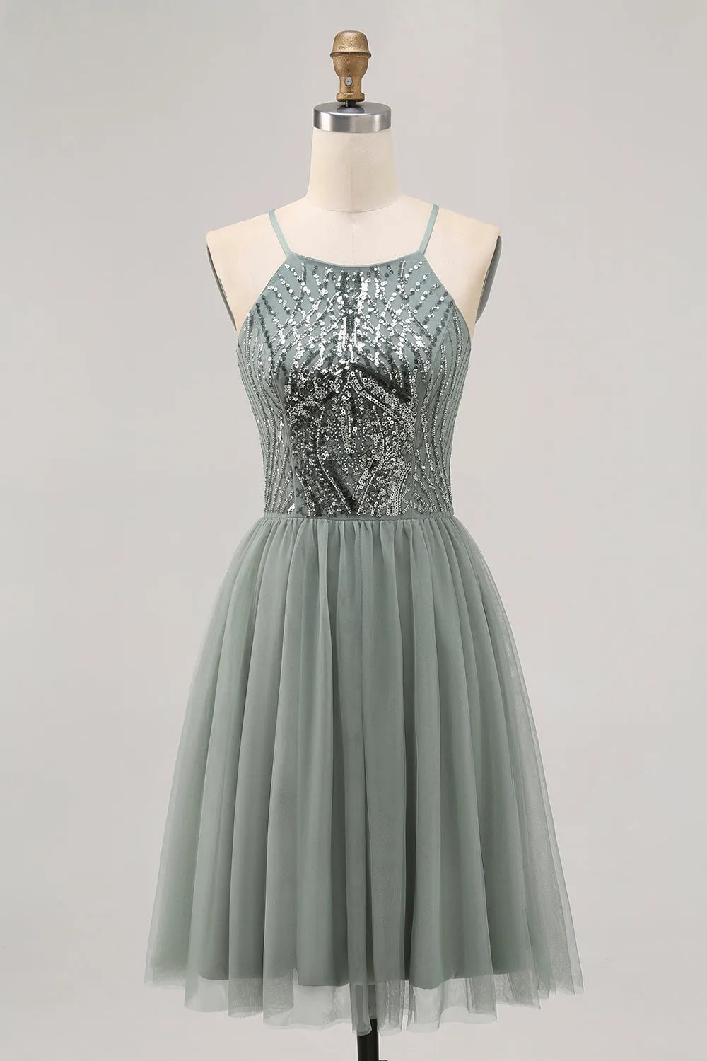 Sparkly Grey Green Tulle Halter Short Homecoming Dress with Beading
