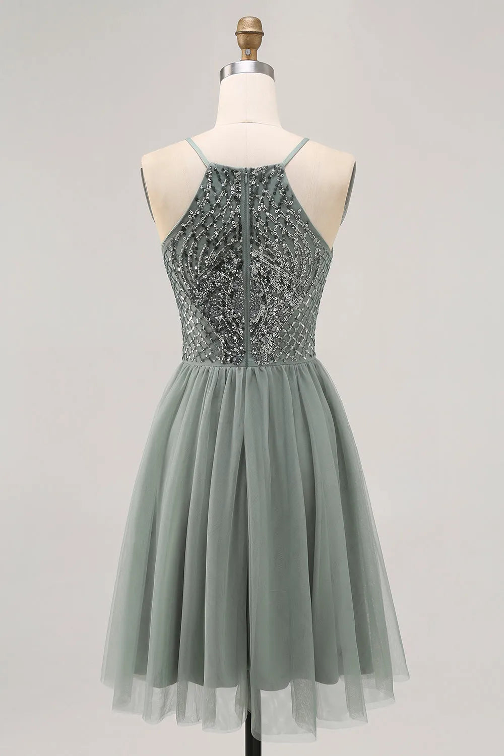 Sparkly Grey Green Tulle Halter Short Homecoming Dress with Beading