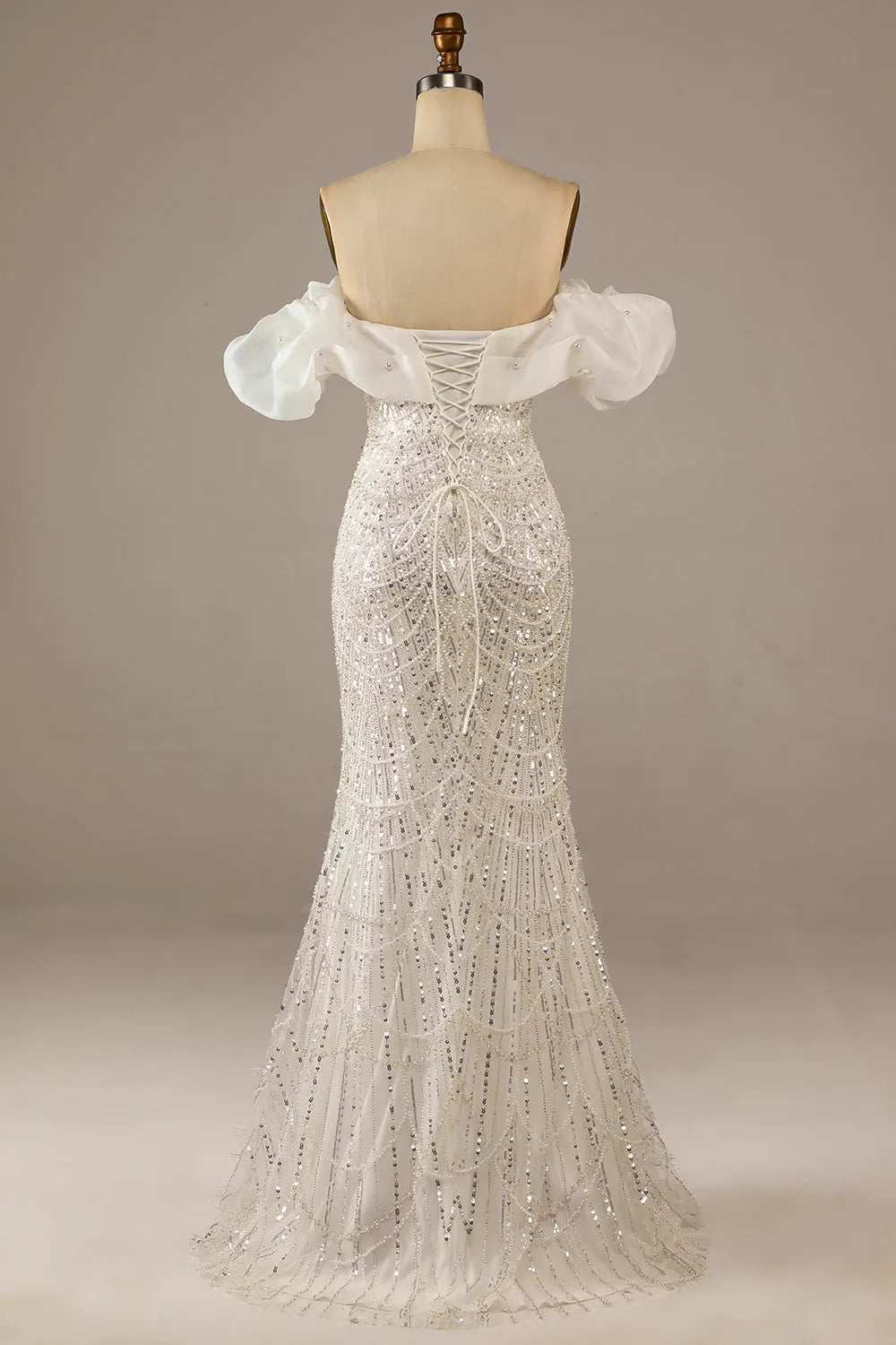 Sparkly Ivory Mermaid Sequined Floor-Length Wedding Dress ﻿