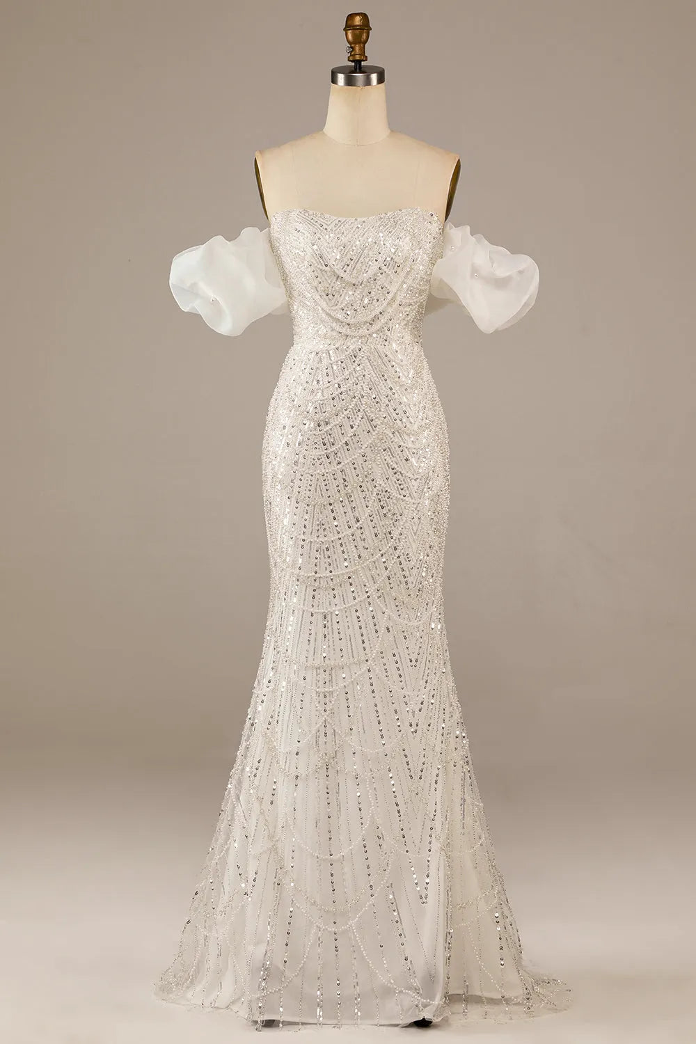 Sparkly Ivory Mermaid Sequined Floor-Length Wedding Dress ﻿