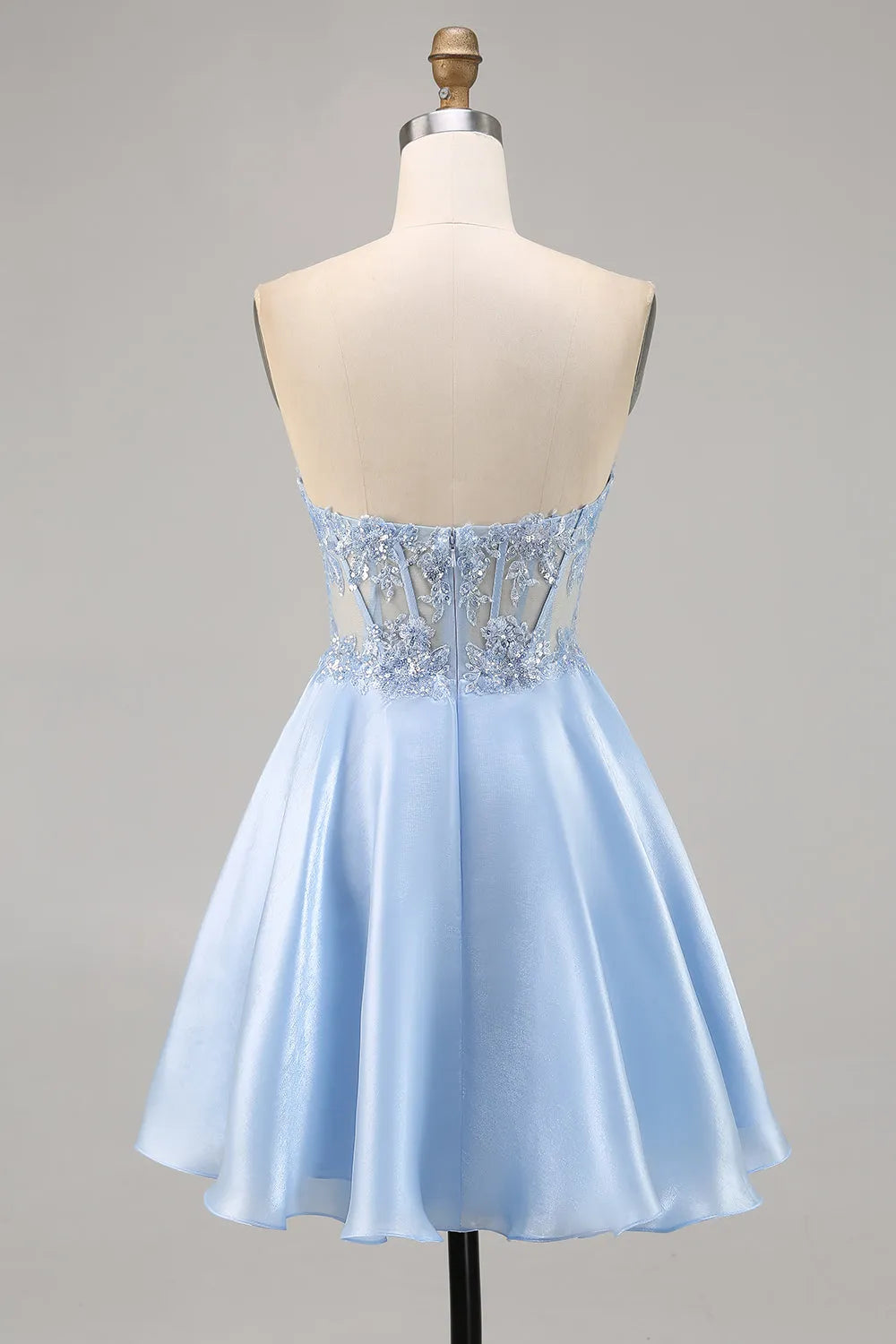 Sparkly Light Blue Satin Strapless Corset Short Homecoming Dress with Lace